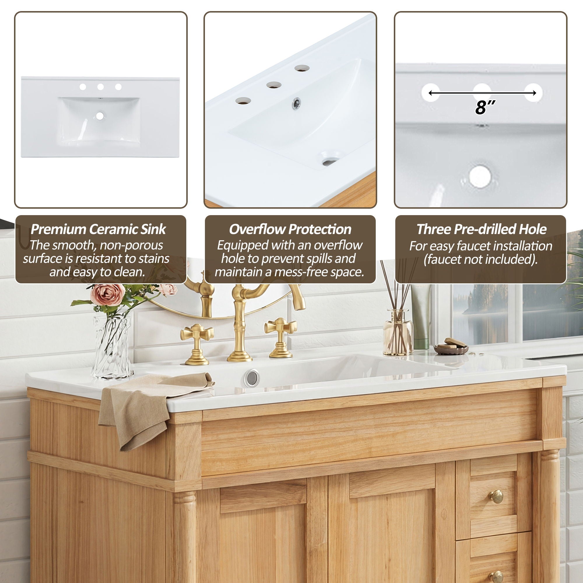 Modern Bathroom Vanity With Ceramic Sink, Soft Close Doors, Adjustable Shelves