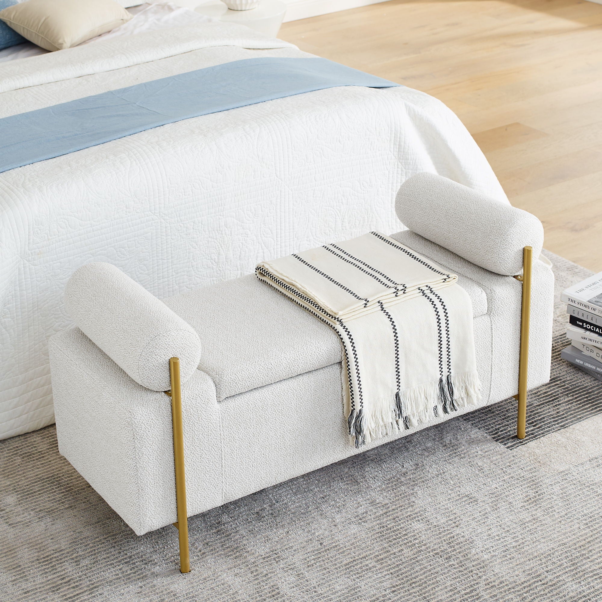 Elegant Upholstered Storage Bench With Cylindrical Arms And Iron Legs,