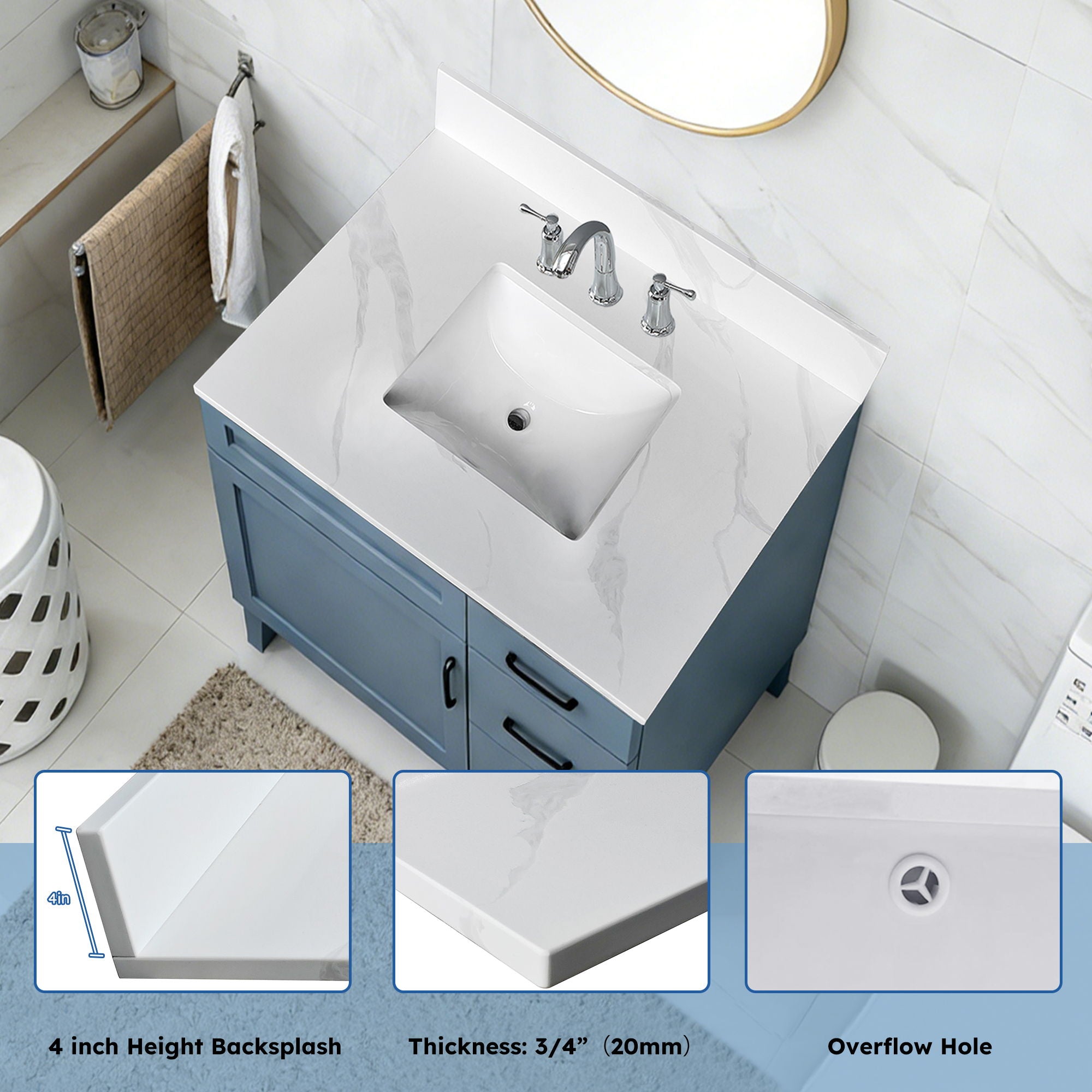 Bathroom Vanity Top With Undermount Sink, 3 Pre Drilled Holes