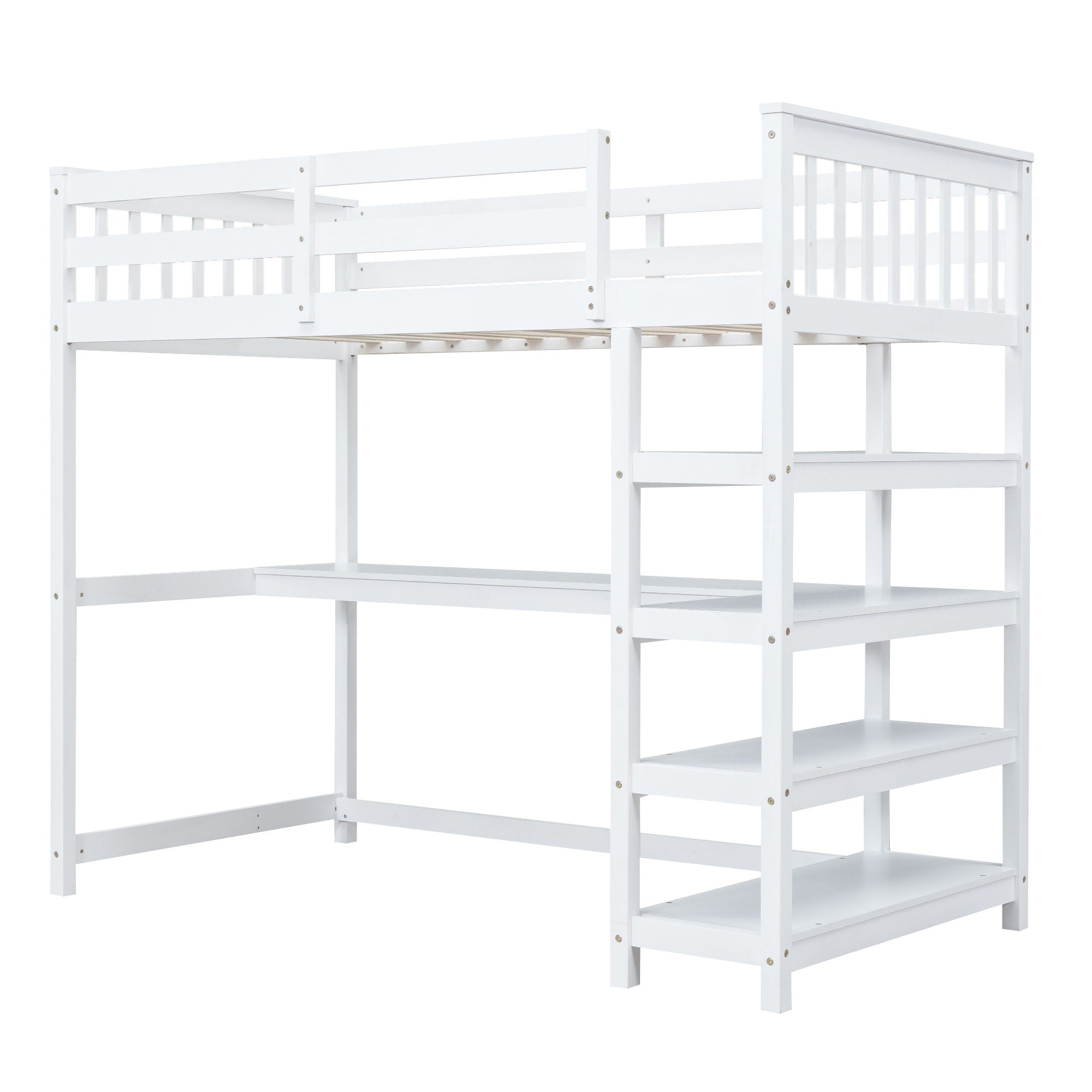 Loft Bed With Storage Shelves And Under Bed Desk