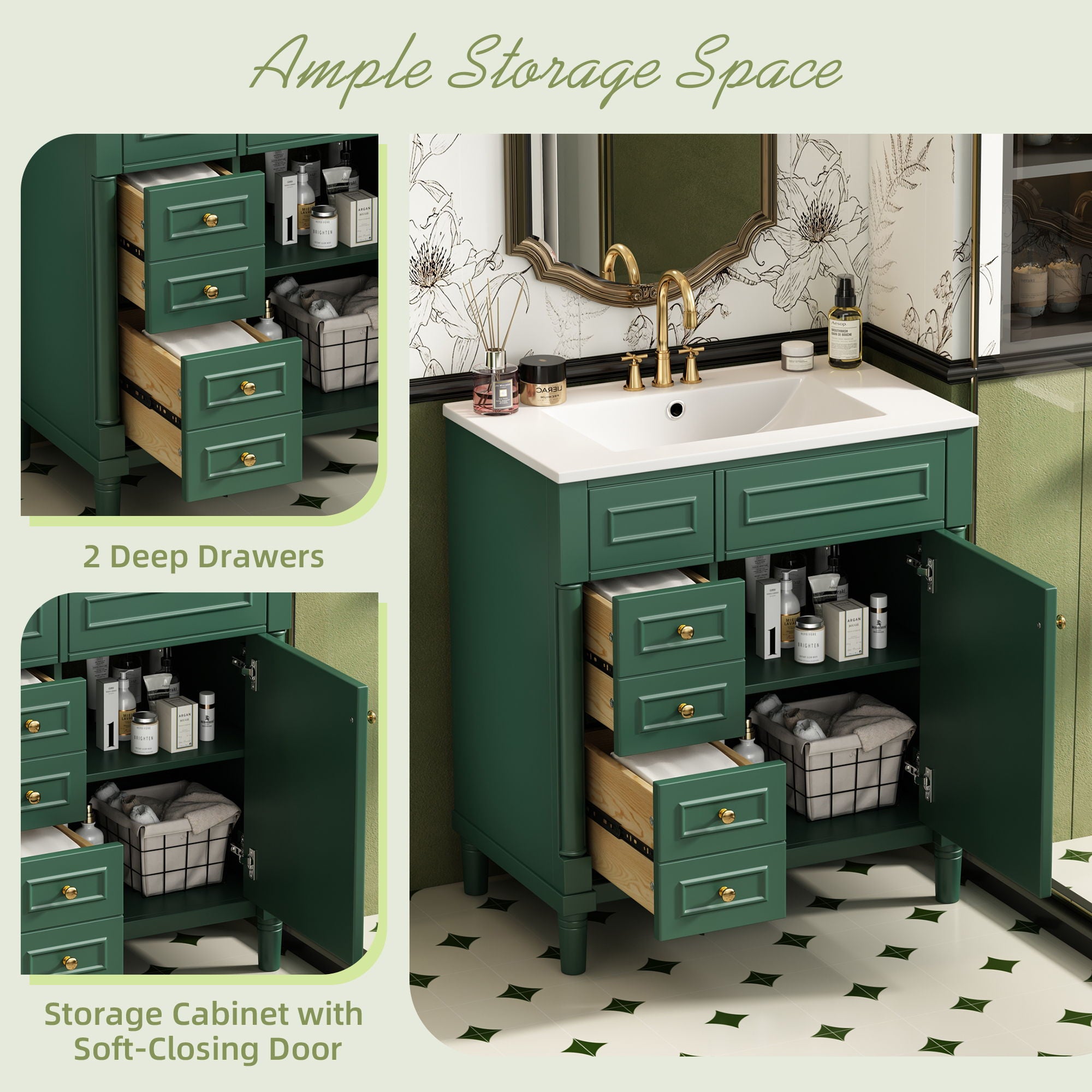 Bathroom Vanity With Sink, Freestanding Storage Cabinet & 2 Drawers And Soft Closing Door, Solid Legs, Frame, Basin,