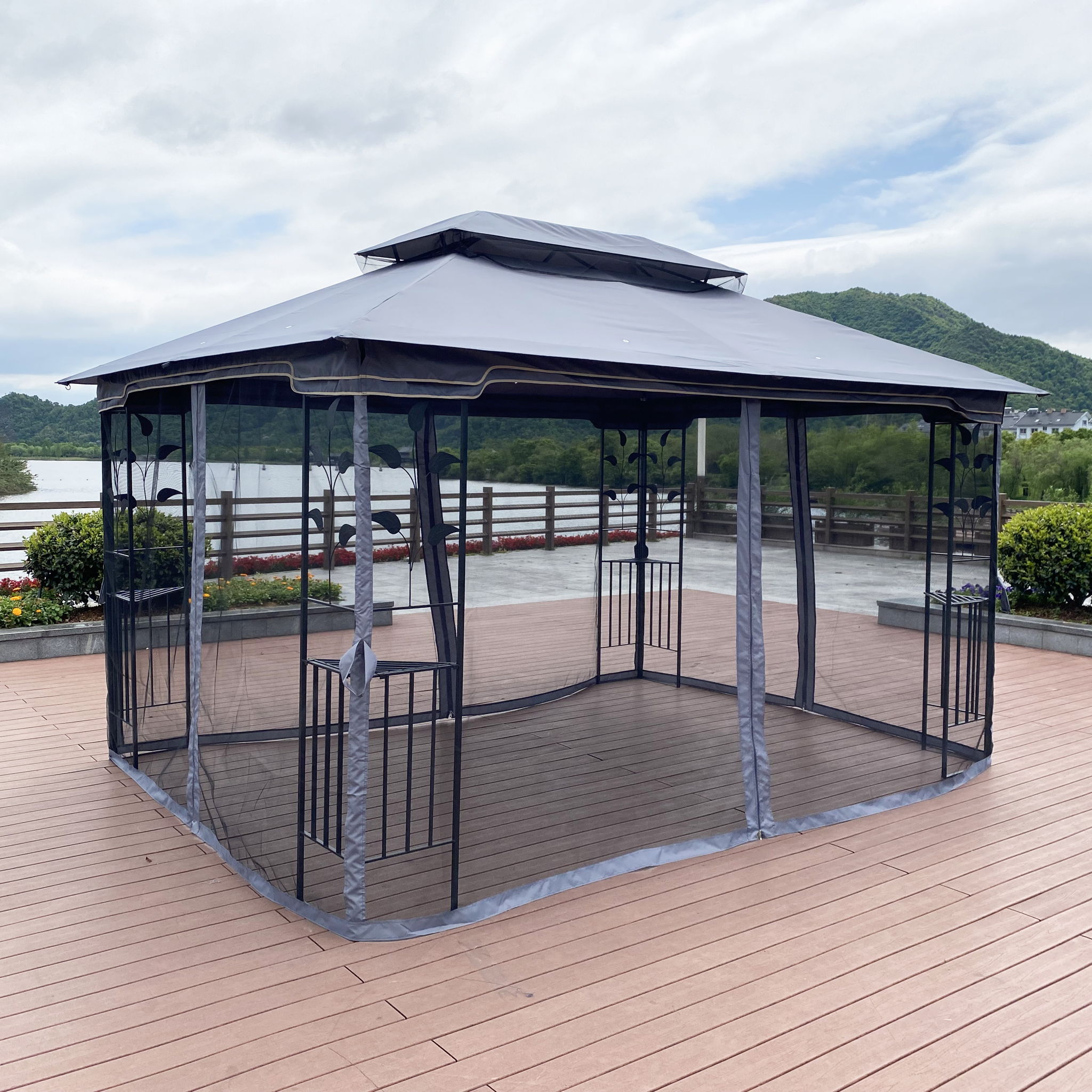 Patio Gazebo Tent With Ventilated Double Roof And Mosquito Net For Backyard Or Garden