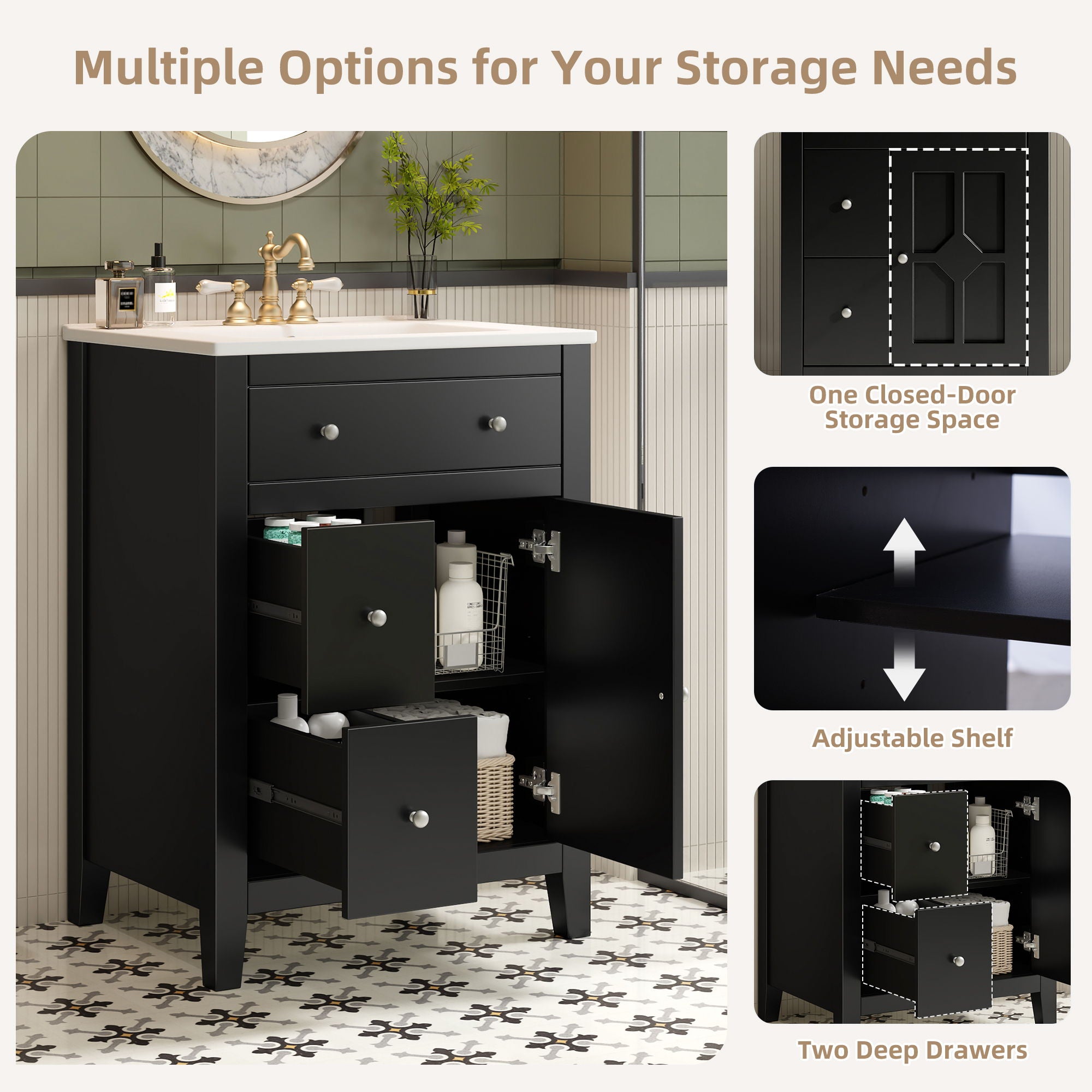 Bathroom Vanity With Basin, Rectangular Cabinet With 2 Drawers And Soft Closing Door