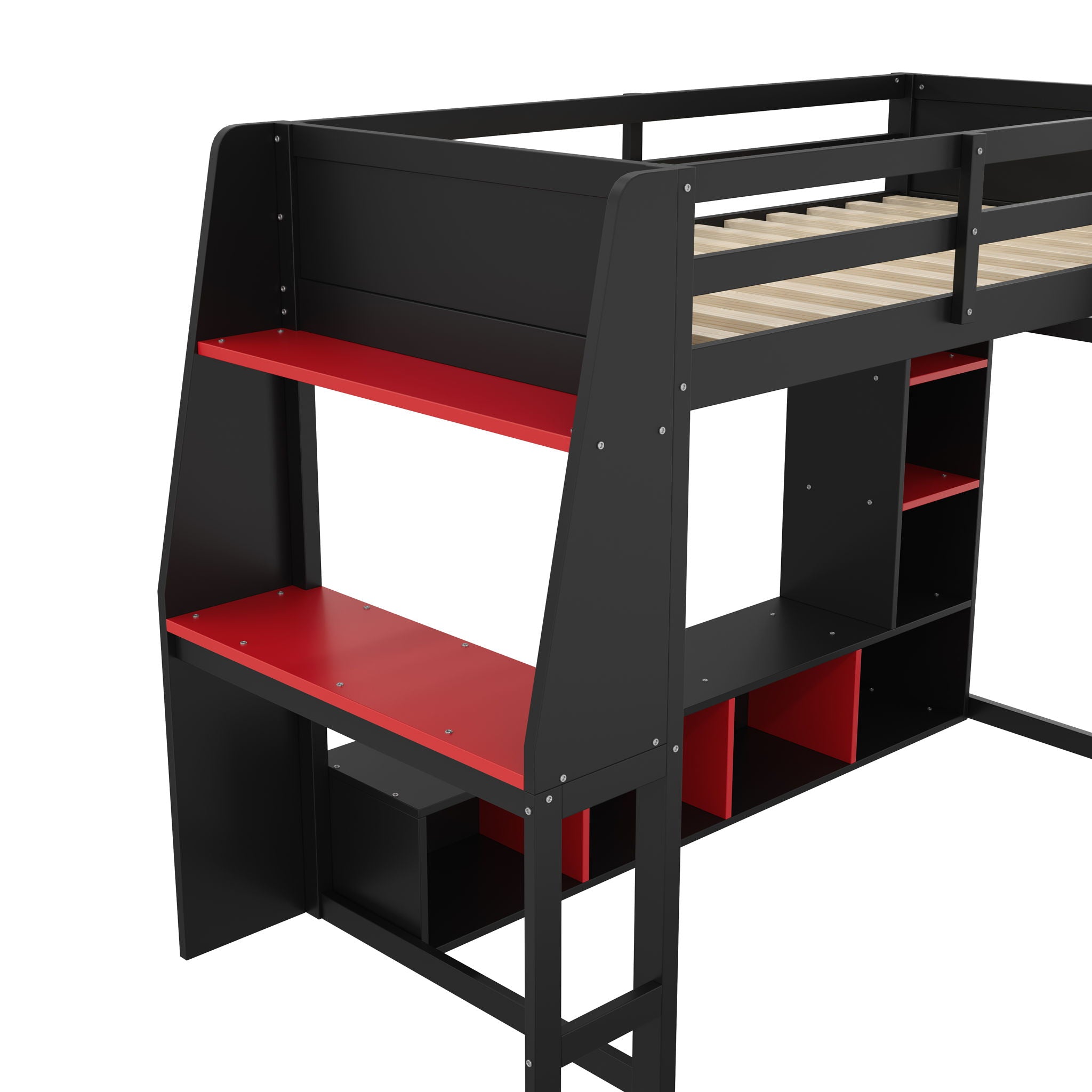 Gaming Loft Bed With Desk, Multi Storage Shelves, LED Lighting, And Hanging Clothes Rack