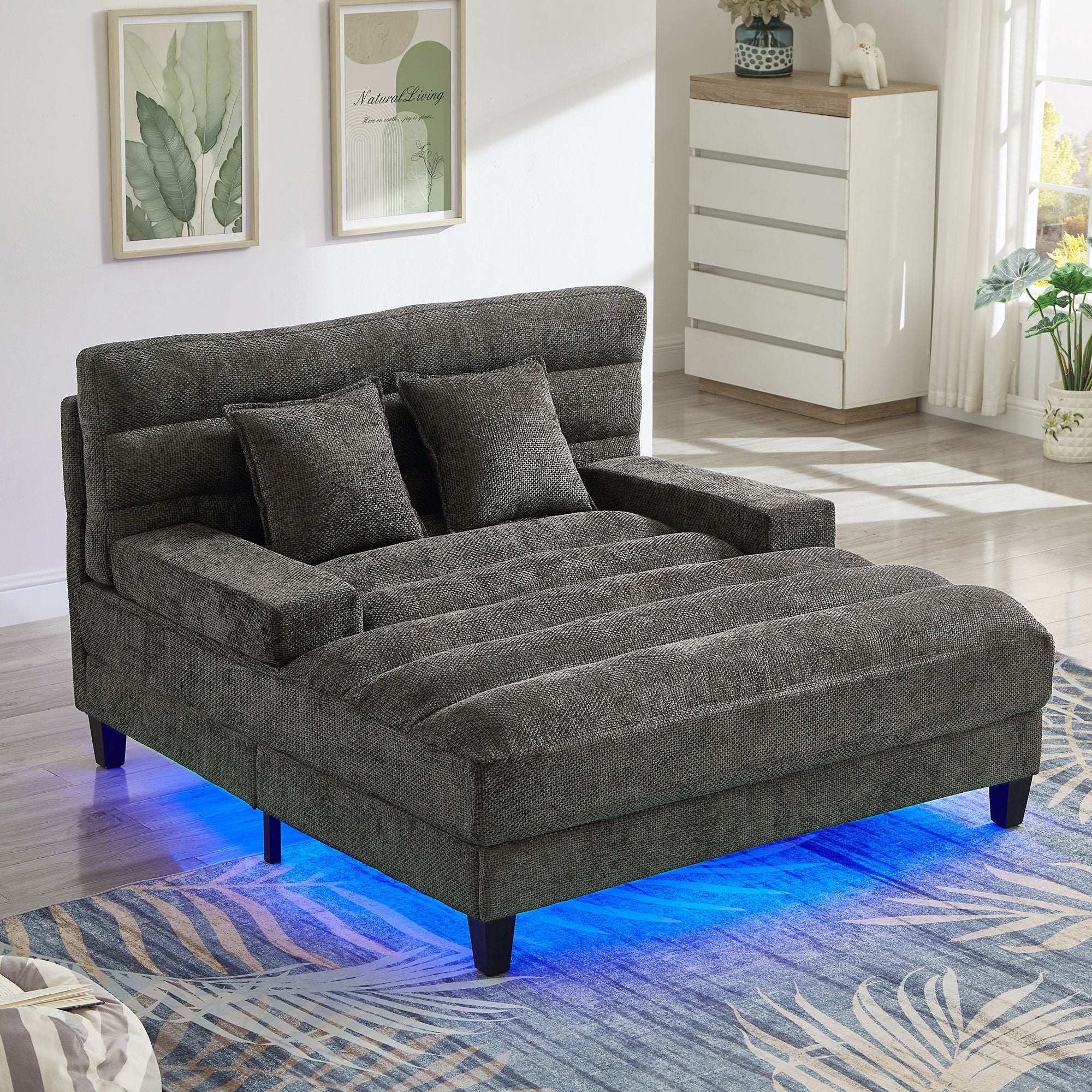 Chaise Bed Lounge Sofa Chair With Adjustable Backrest And LED Light Strip