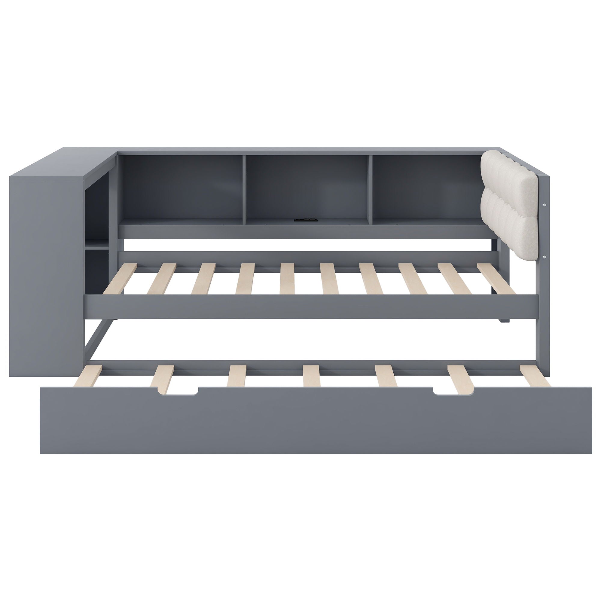 Upholstered Headboard Platform Bed With Storage Shelves, Trundle, Charging Station
