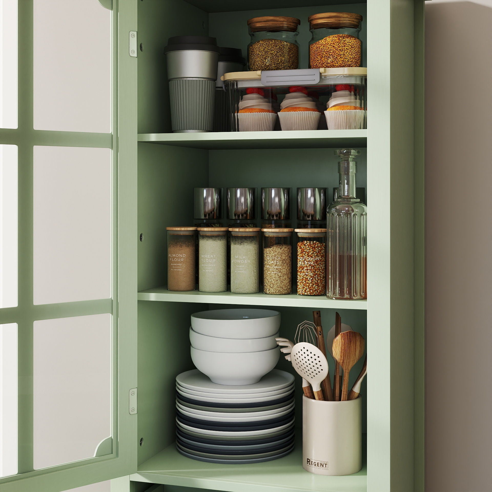 Minimalism Buffet Cabinet With Glass Doors And Double Drawer