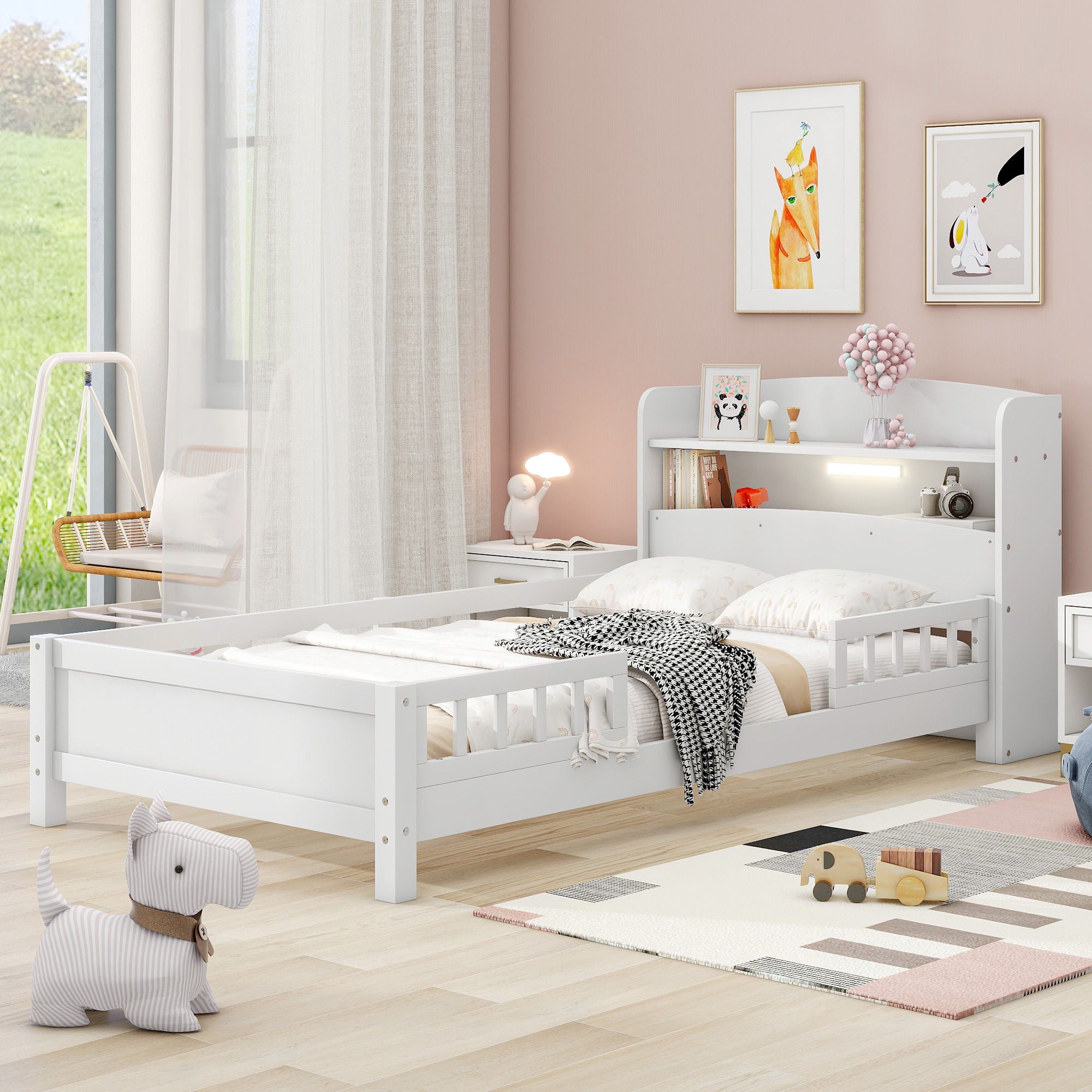 Wood Platform Bed With Built In LED Light, Storage Headboard And Guardrail