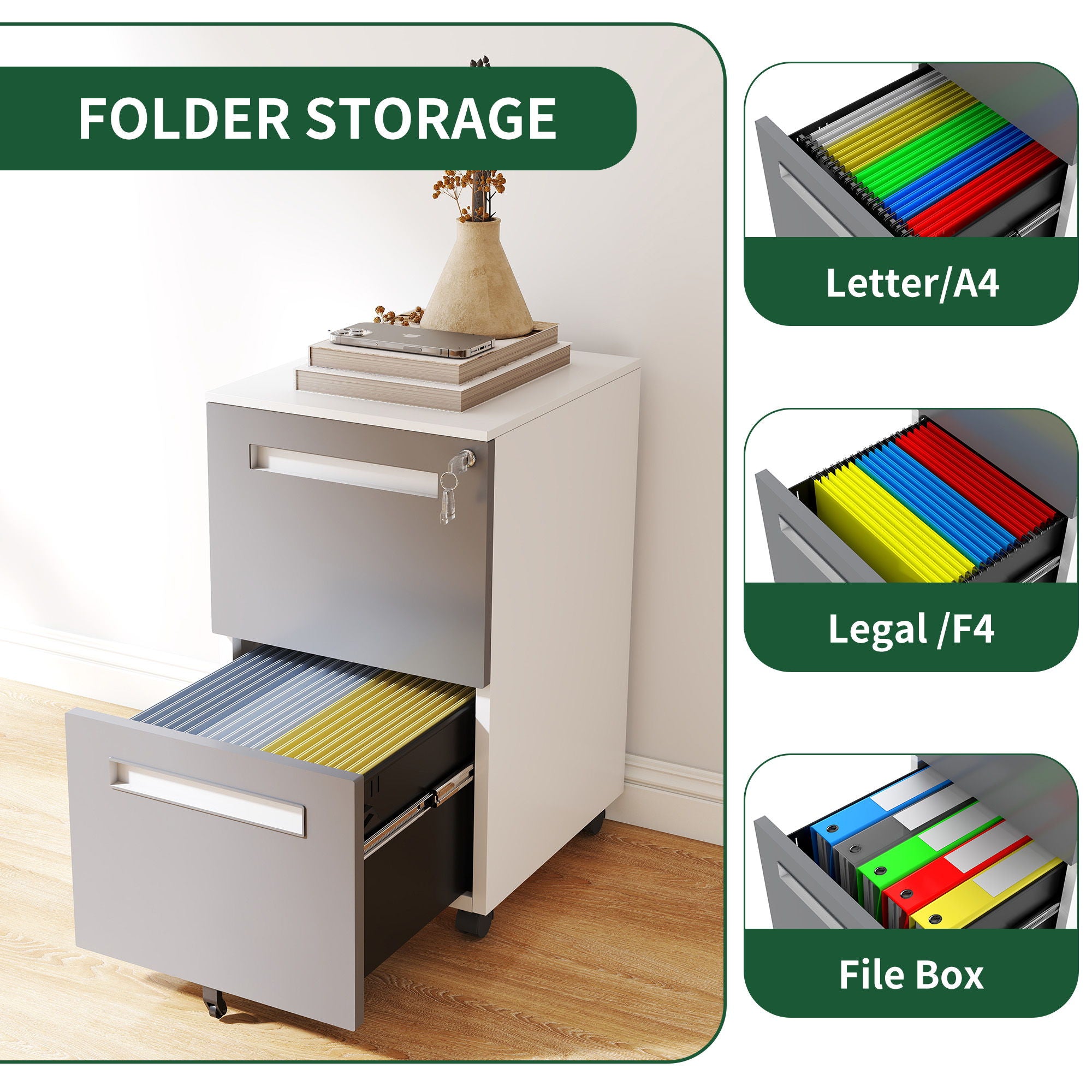 2-Drawer Mobile File Cabinet With Lock,On 360° Wheels, Holds A4/Letter/Legal Files - White