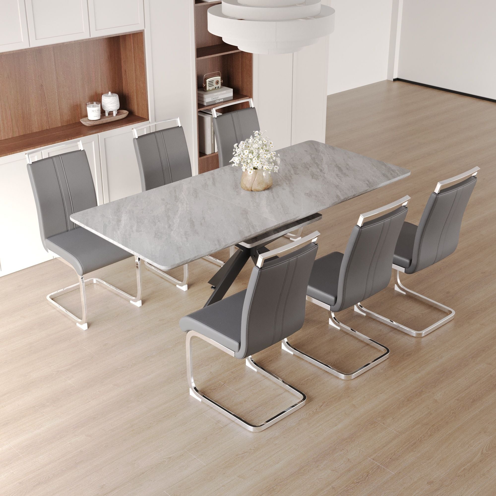 Modern Extendable Dining Table Set With Soft Padded Armless Chairs