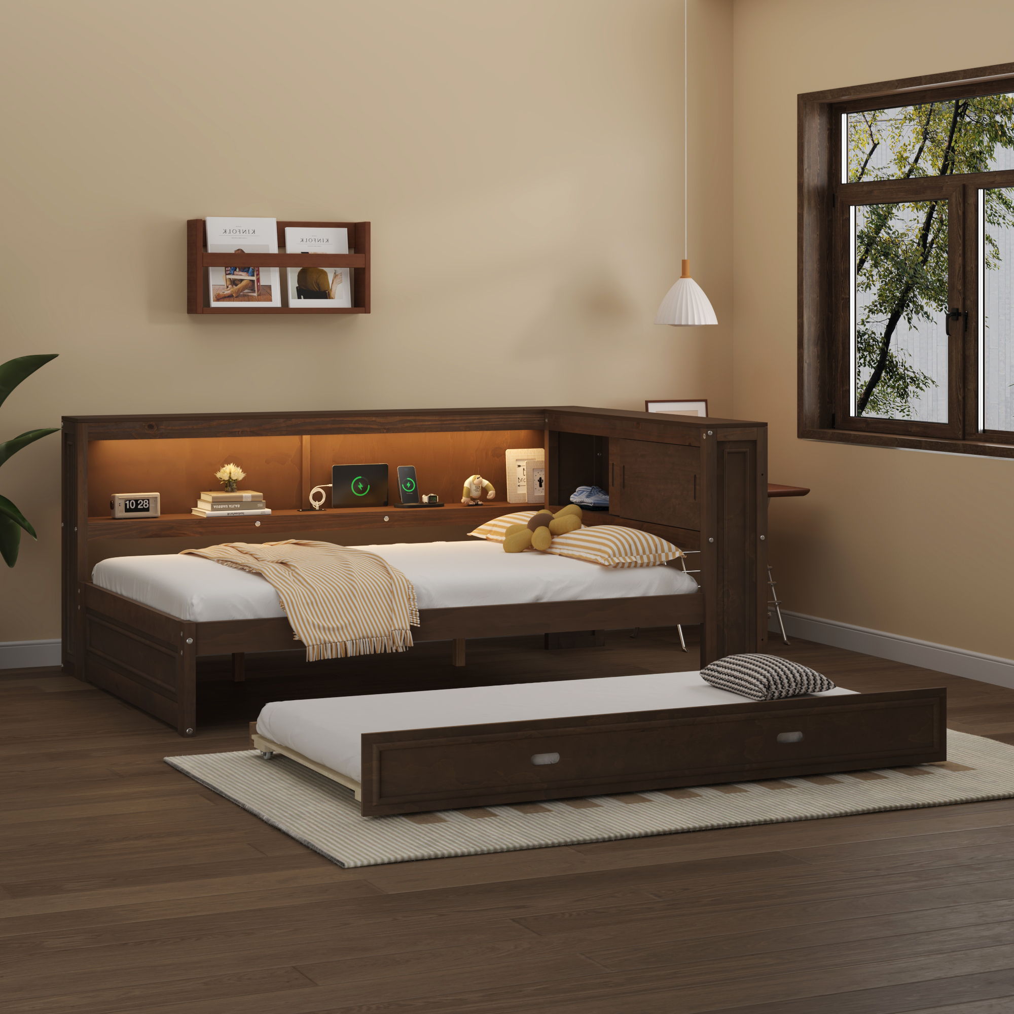 Daybed With Storage Shelves, LED, USB, And Trundle