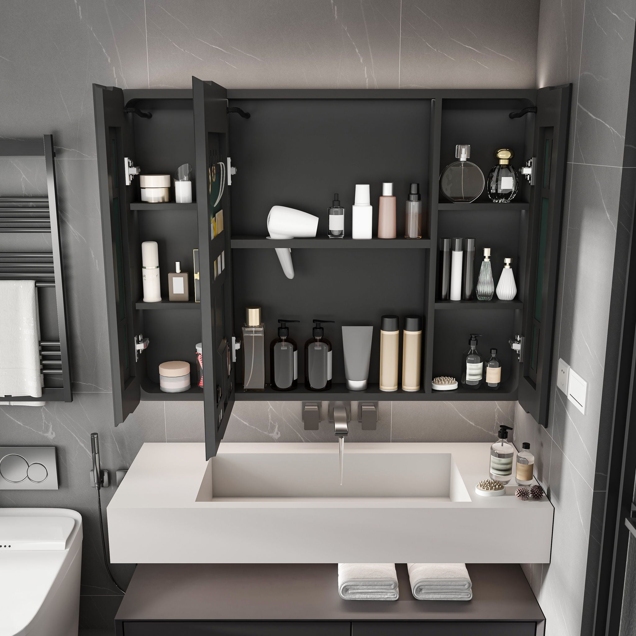 Aluminium Medicine Cabinet Mirror With LED Light And Defogging Function - Gray