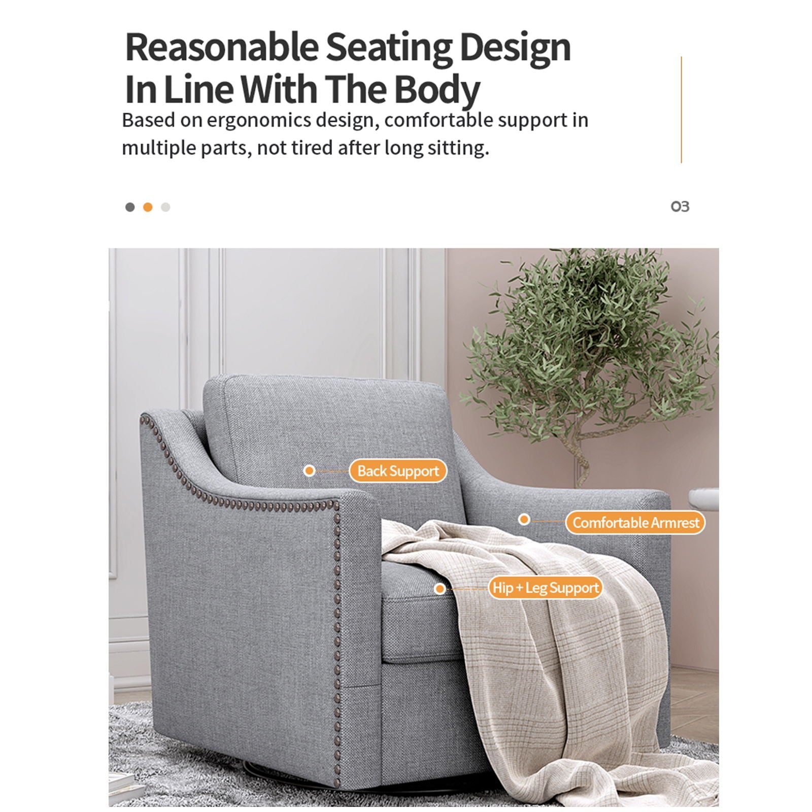 360 Degree Swivel Armchair, Skin Friendly Fabric, Ergonomic Design, Brass Nail Decorative Armchair