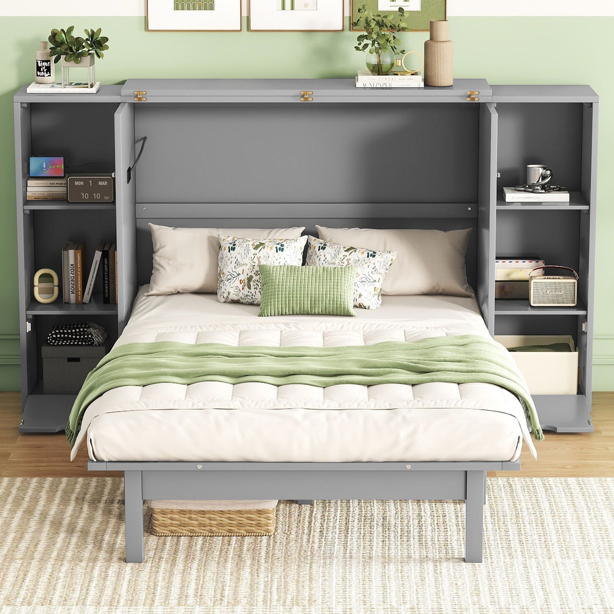 Murphy Bed With Shelves, Drawers And USB Ports