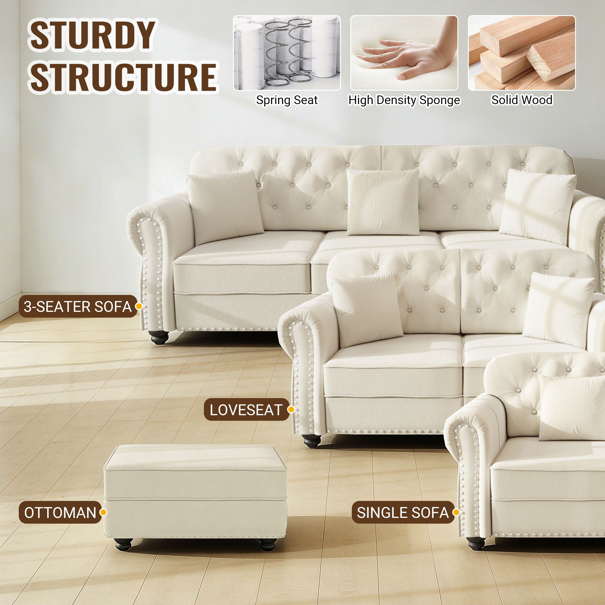 Upholstered Sofa With Nailhead Trim And Rolled Armrests