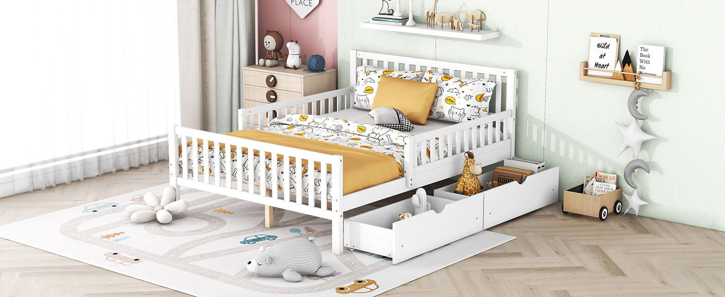Platform Bed With Guardrails On Both Sides And 2 Storage Drawers