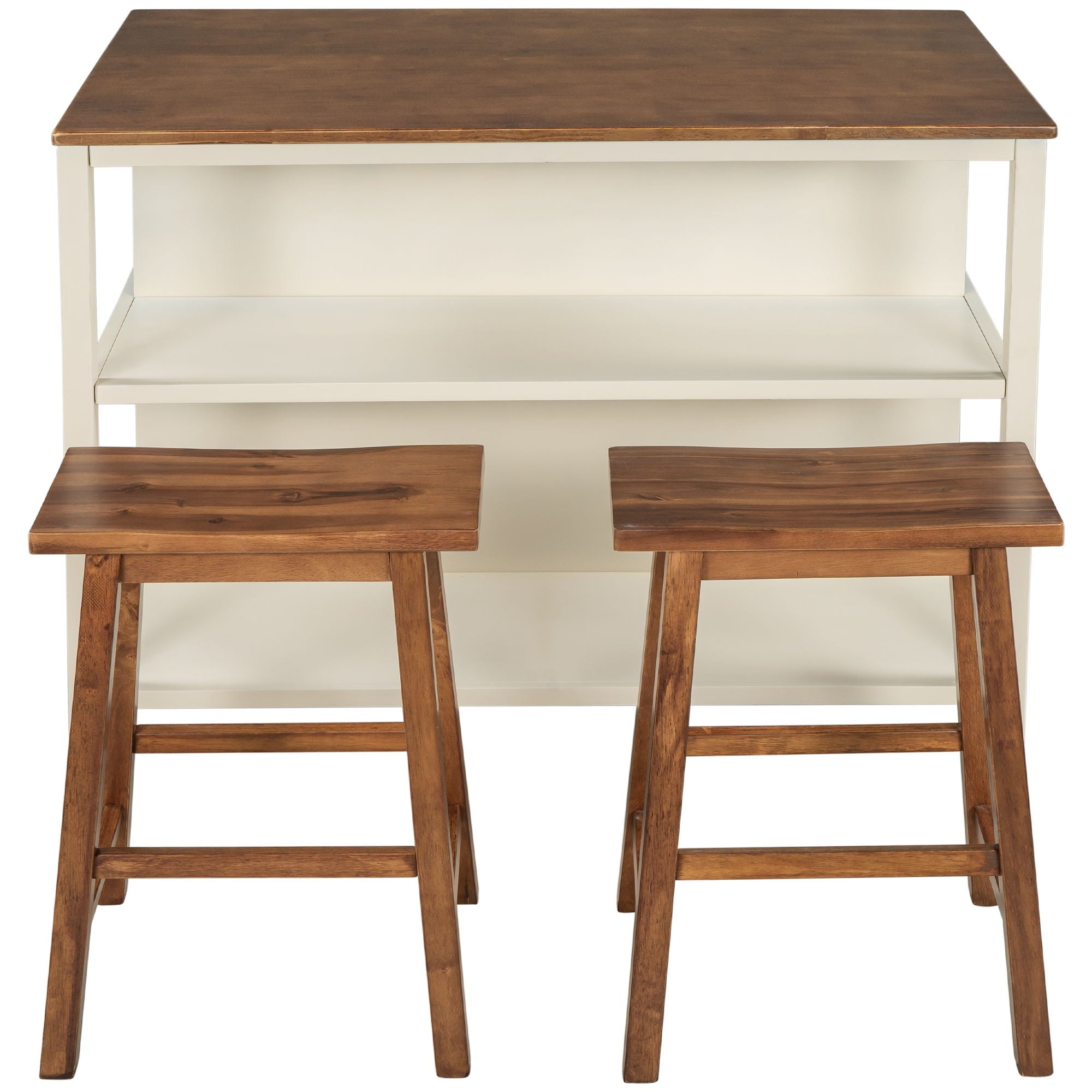 Rustic 3 Piece Stationary Kitchen Island Set With 2 Seatings, With 2 Open Shelves