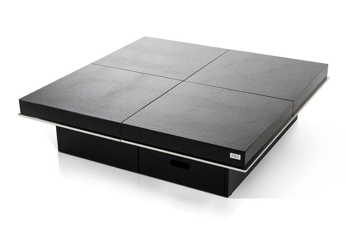Horizon - Modern Black Crocodile Coffee Table w/ Pull Out Squares