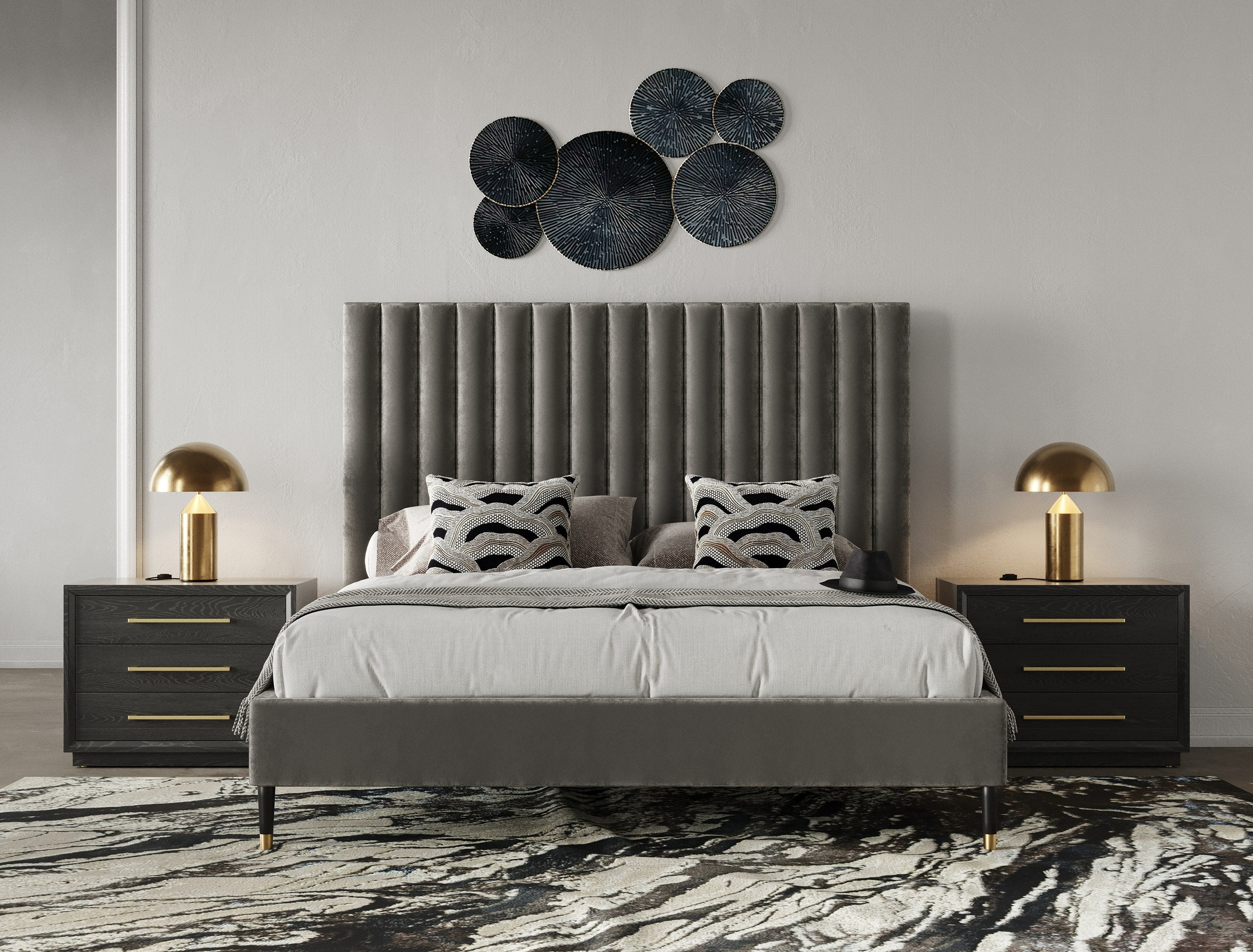 Modrest Hemlock - Modern Grey Velvet Bed