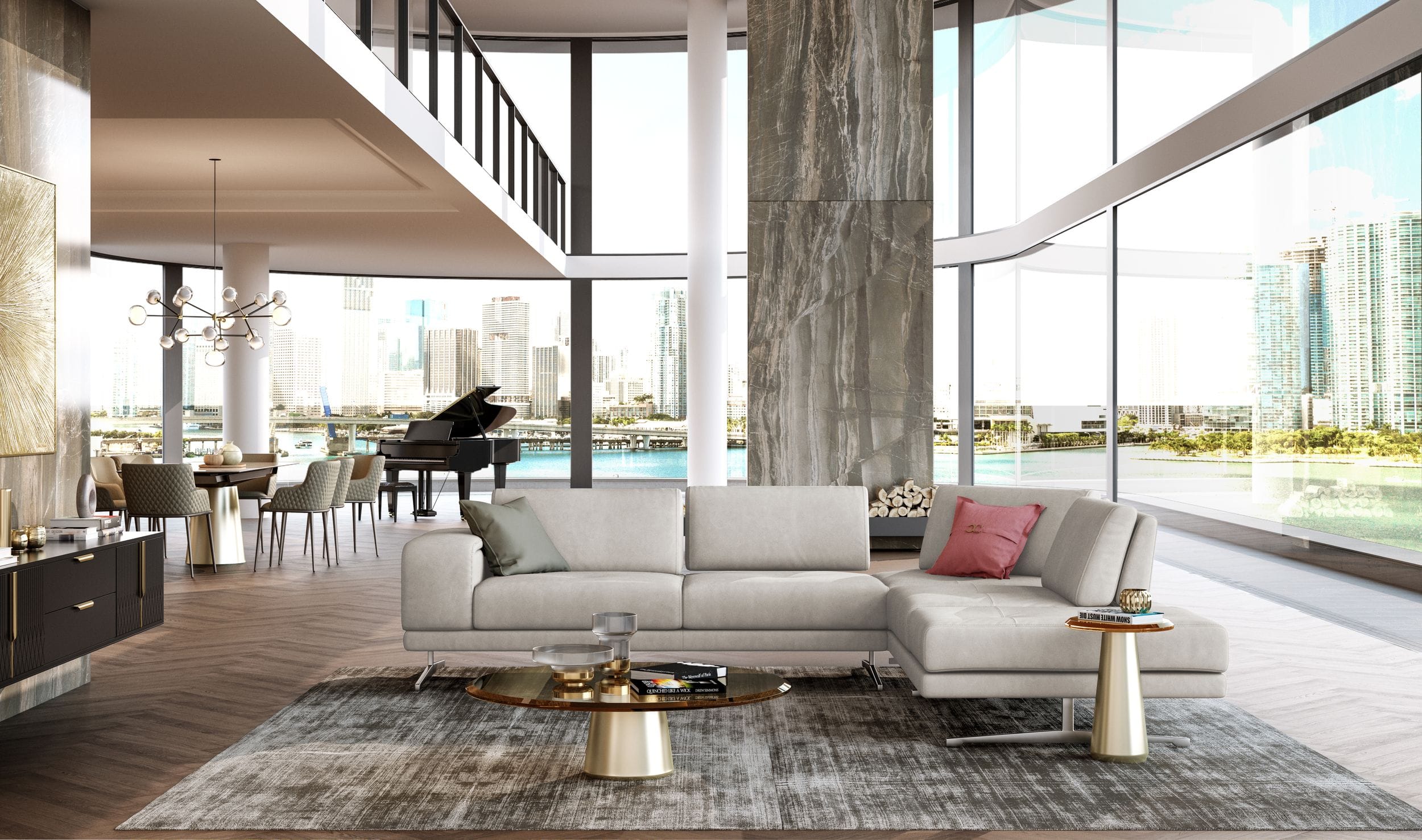 Lamod Italia Mood - Contemporary Light Grey Leather Right Facing Sectional Sofa