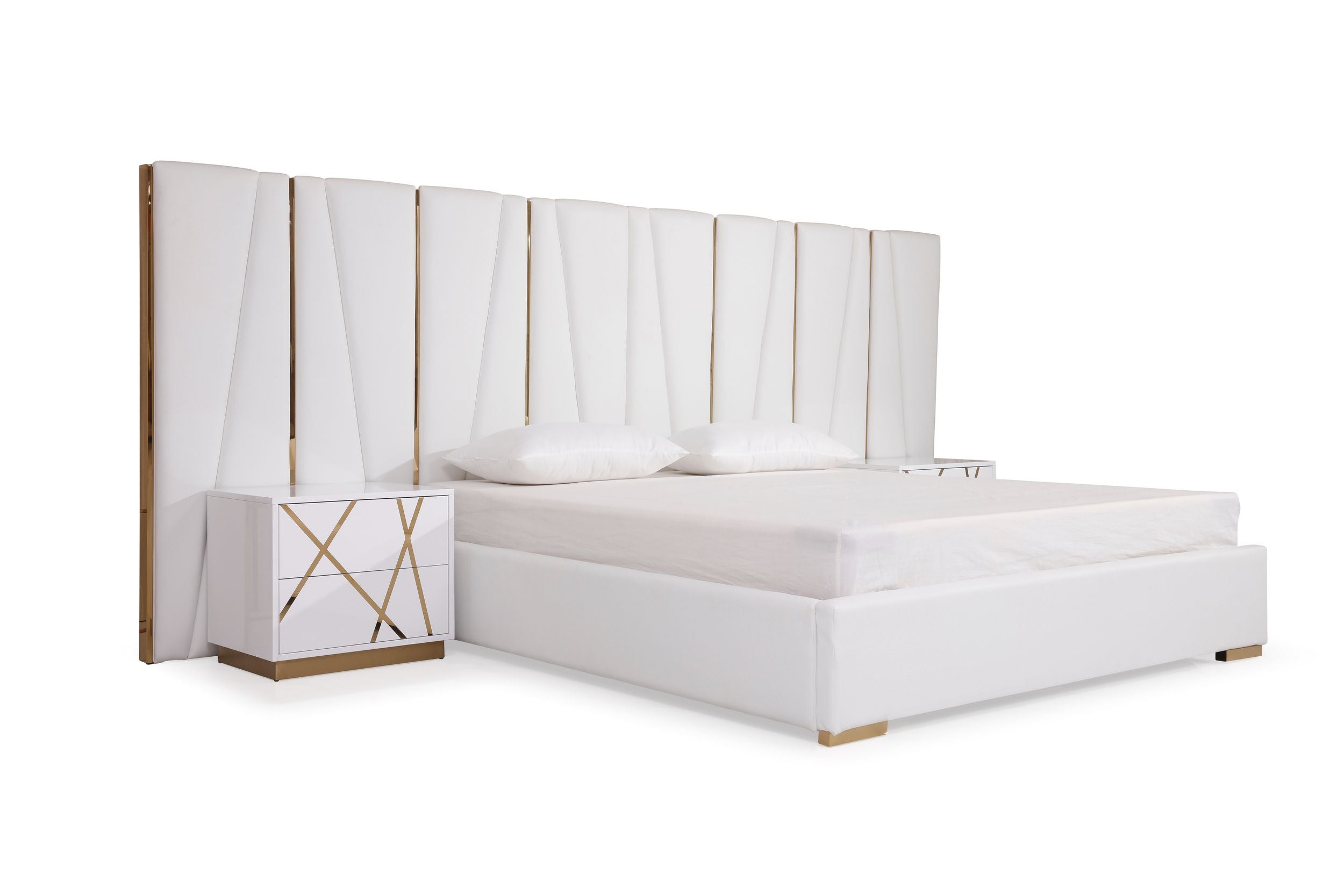 Modrest Nixa - Eastern King Modern White + Gold Bed + Nightstands