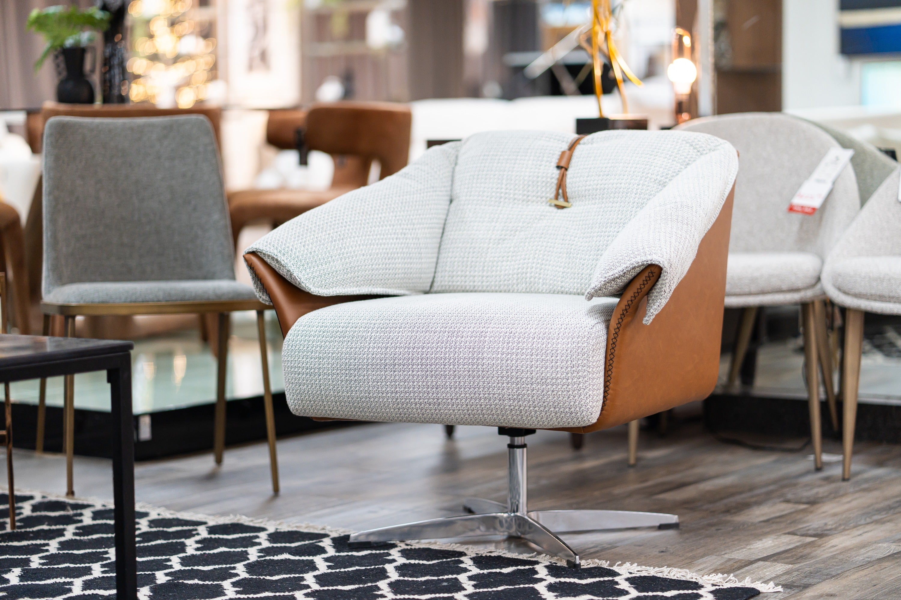 Modrest Ohio - Swivel Grey and Camel Fabric Accent Chair