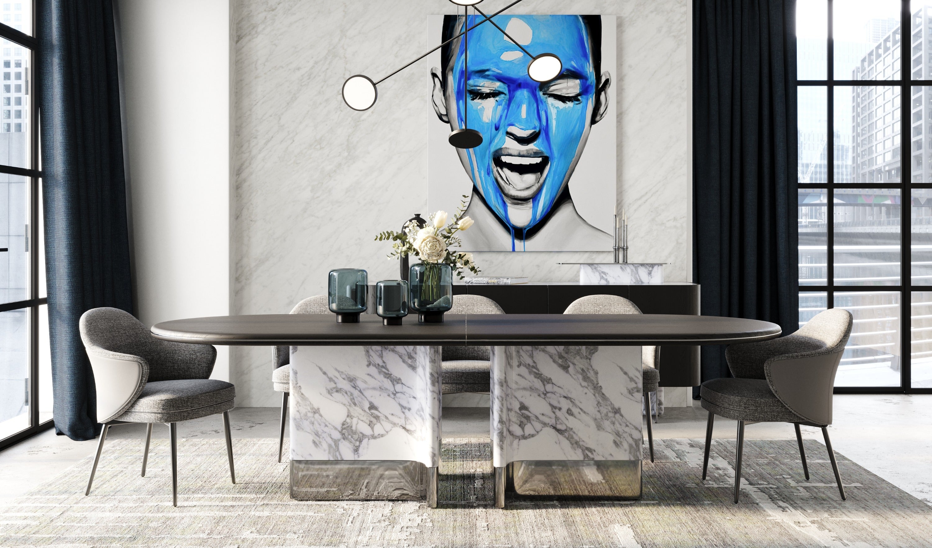 Modrest Renfew - Modern Black Oak + Faux Marble Oval Dining Table