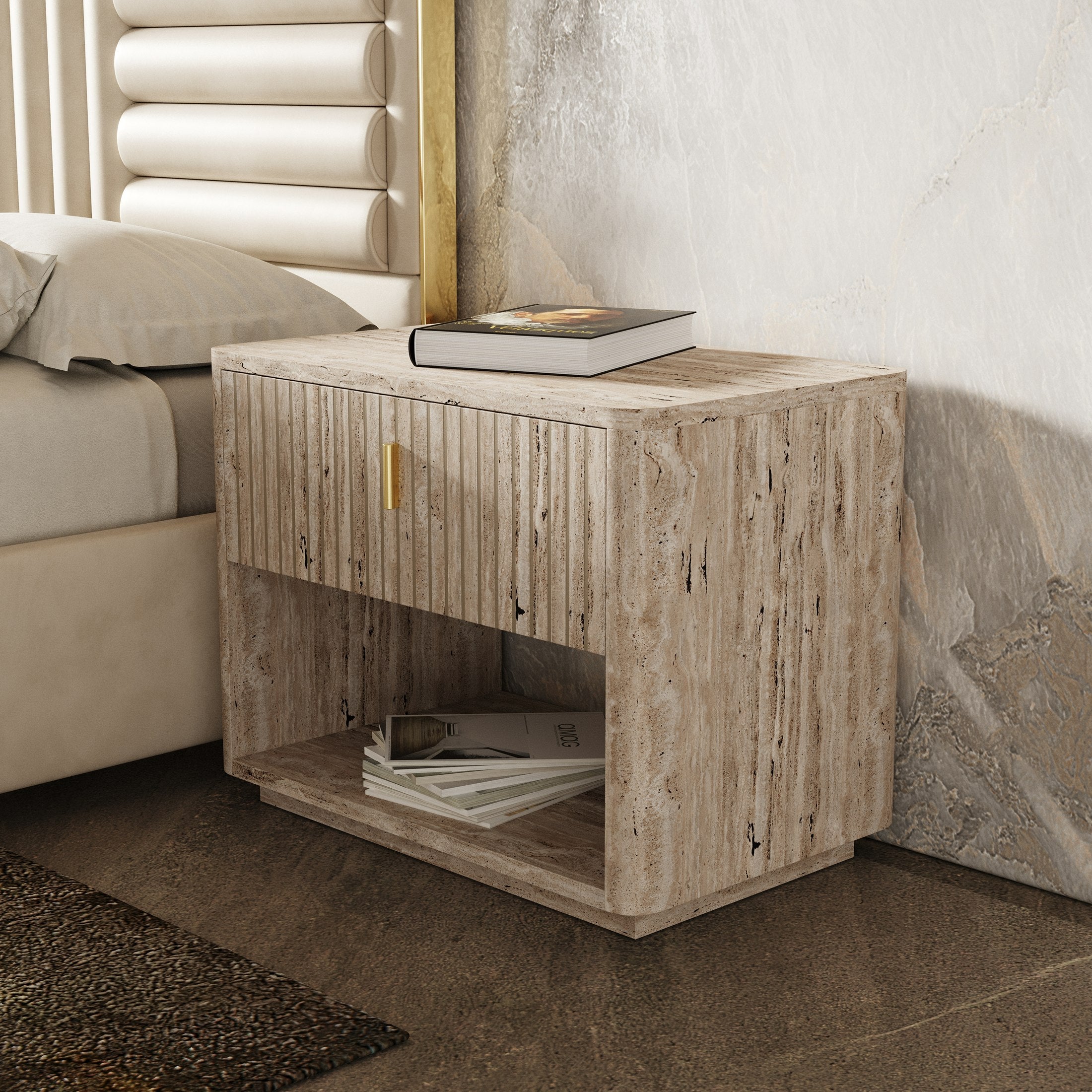 Queen - Nova Domus Daystar + Roma - Modern Beige Velvet + Travertine + Gold Bedroom Set