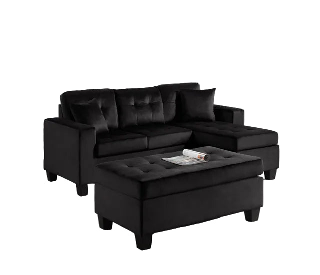 Naomi Black Velvet - Reversible Sectional & Ottoman Set