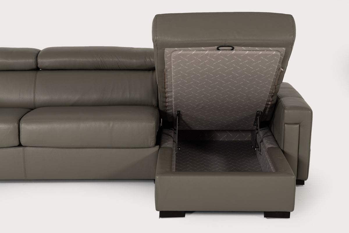 Lamod Italia Sacha - Modern Dark Grey Leather Reversible Sectional Sofa Bed with Storage