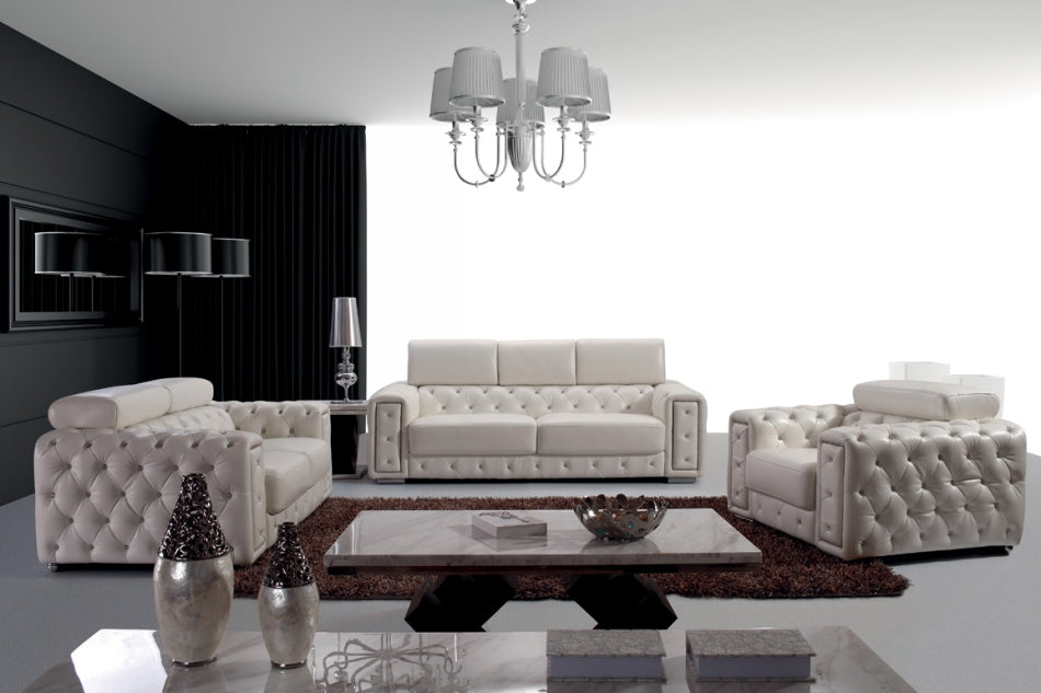 Divani Casa Lumy - Modern Tufted White Leather Loveseat with Crystals