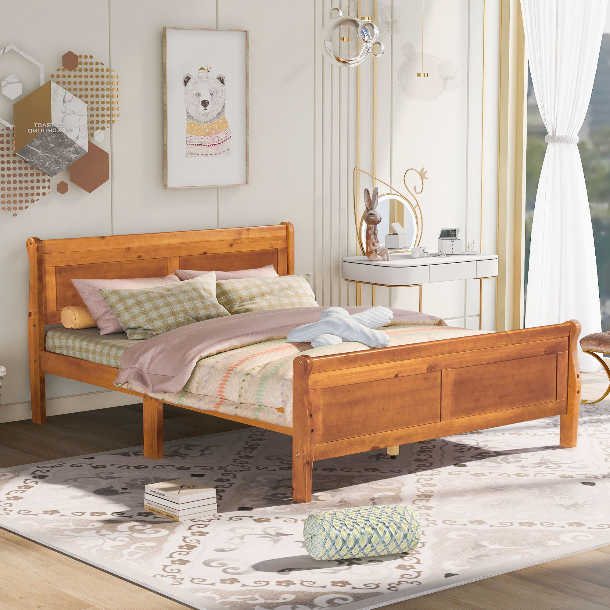 Platform Bed Frame Mattress Foundation Sleigh Bed With Headboard / Footboard / Wood Slat Suppor