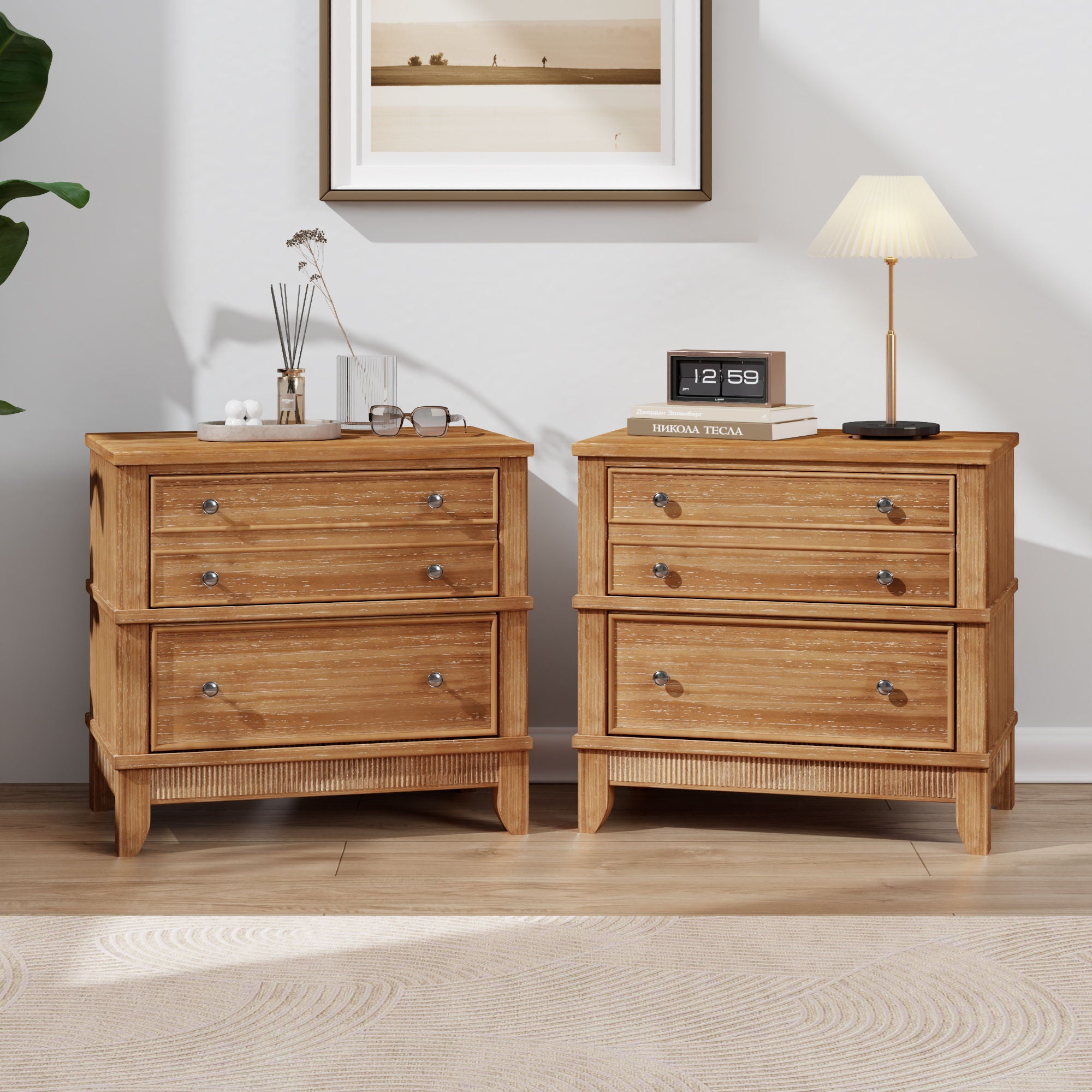 Hazel - 3 Drawer Side Table For Living Room, Hallway, Entryway (Set of 2) - Natural