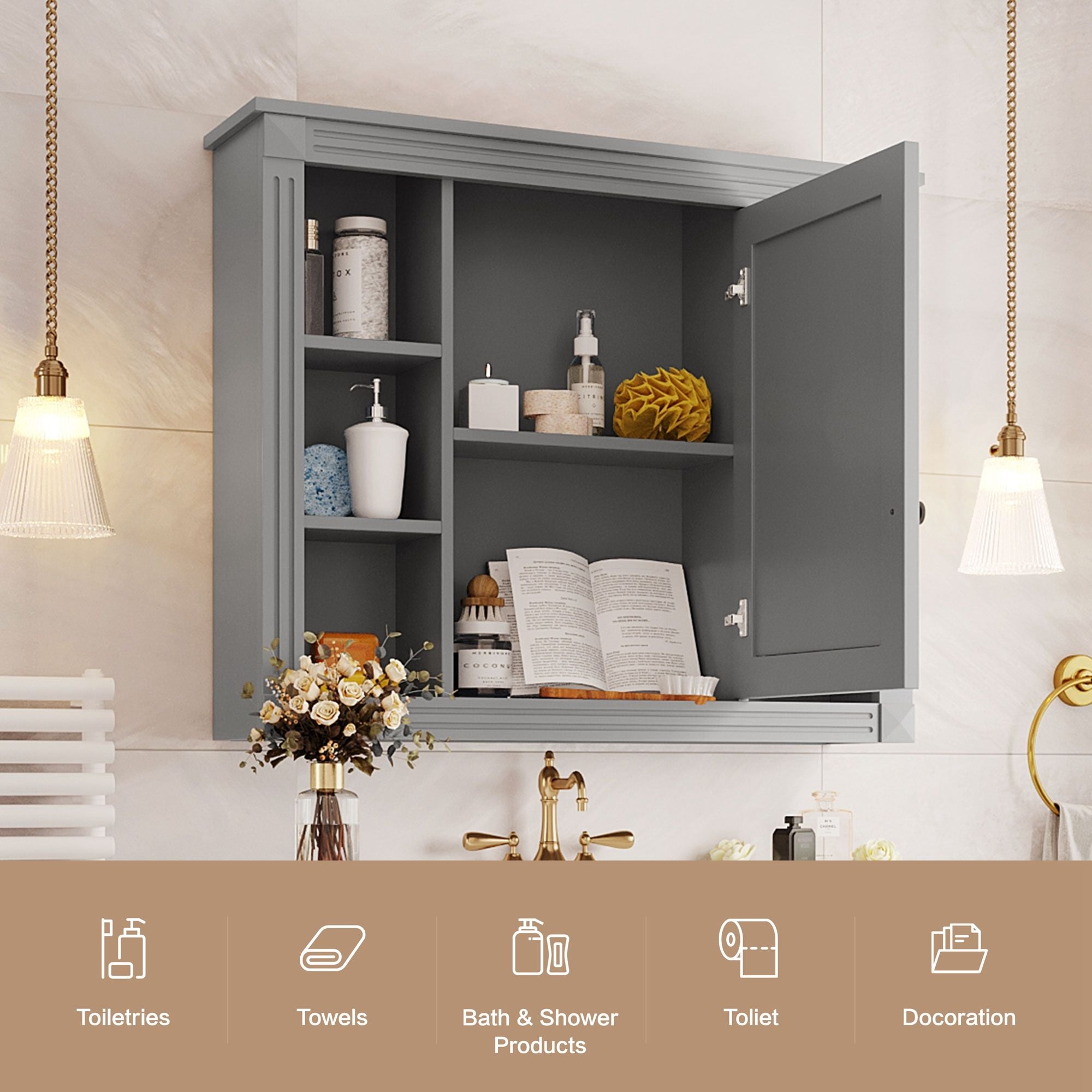Wall Mounted Bathroom Storage Cabinet With Mirror, Cabinet With 6 Open Shelves And Adjustable Interior