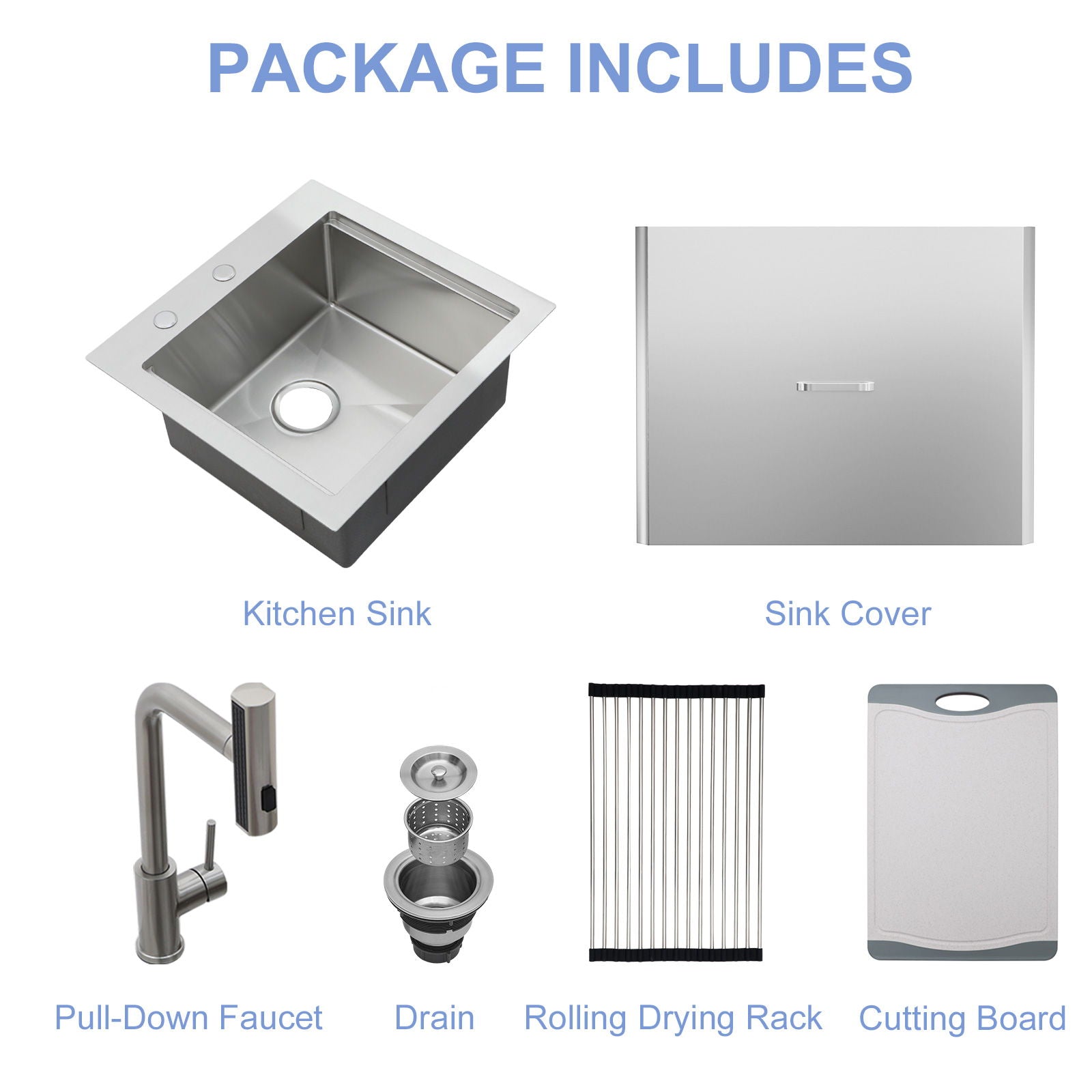 21" Drop In Kitchen Sink With Pull Out Faucet And Sink Cover, 16 Gauge - Brushed Nickel