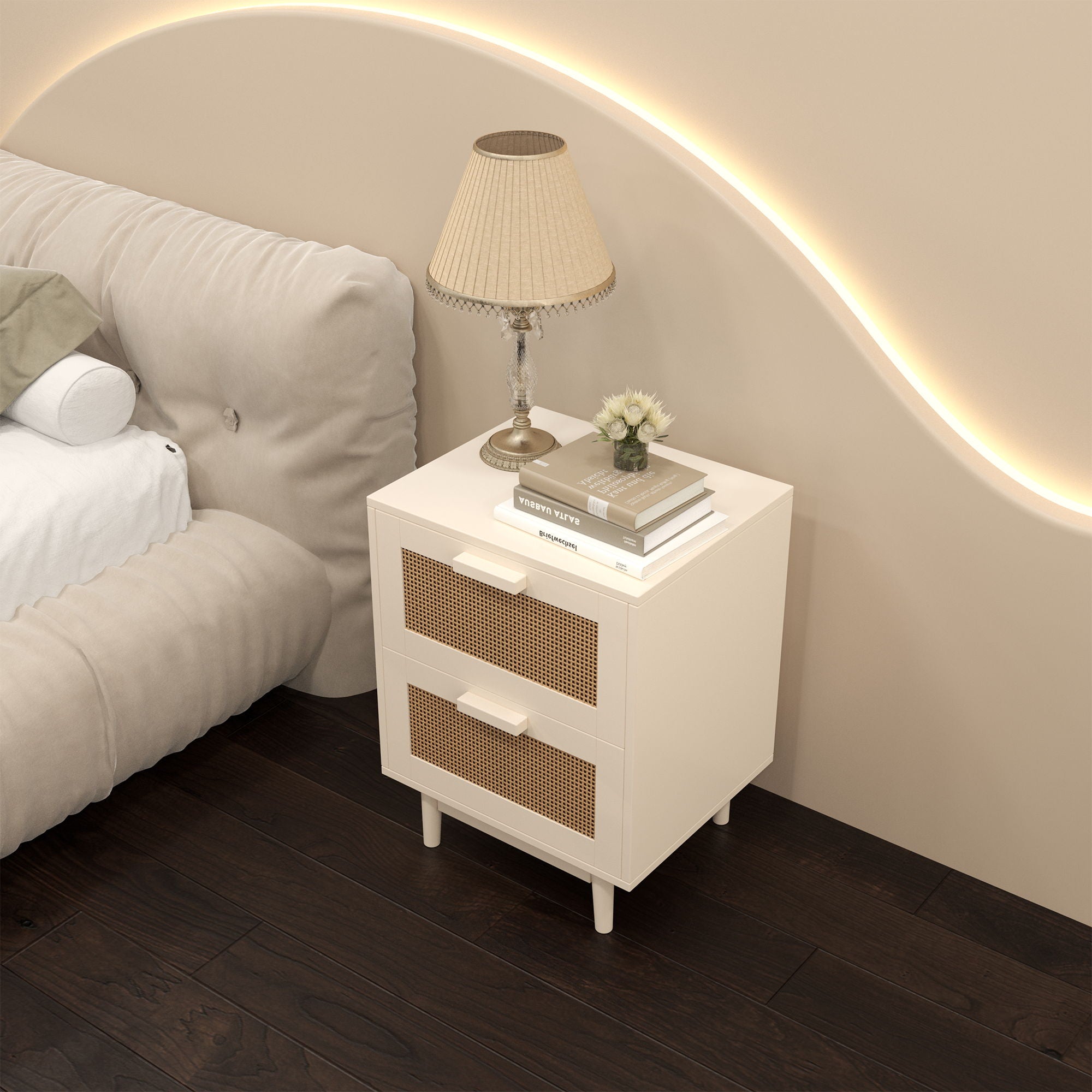 Nightstand With 2 Drawers, Storage Side Table For Bedroom - Antique Natural / Rattan