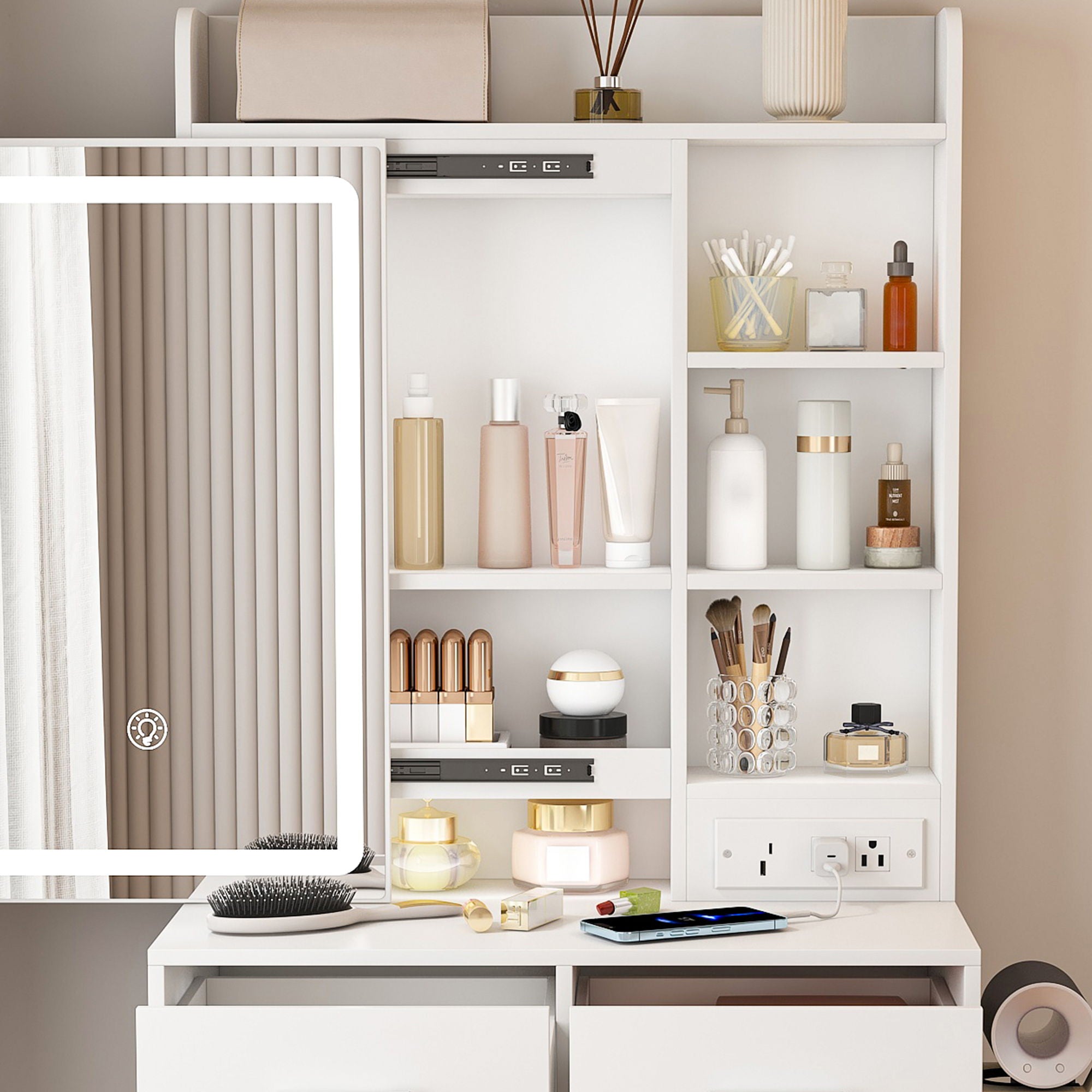 Space Saving Makeup Vanity Desk With Mirror & Adjustable Led Lights, Built-In Power Outlet, Hidden Storage, Includes Stool & Shelf - White