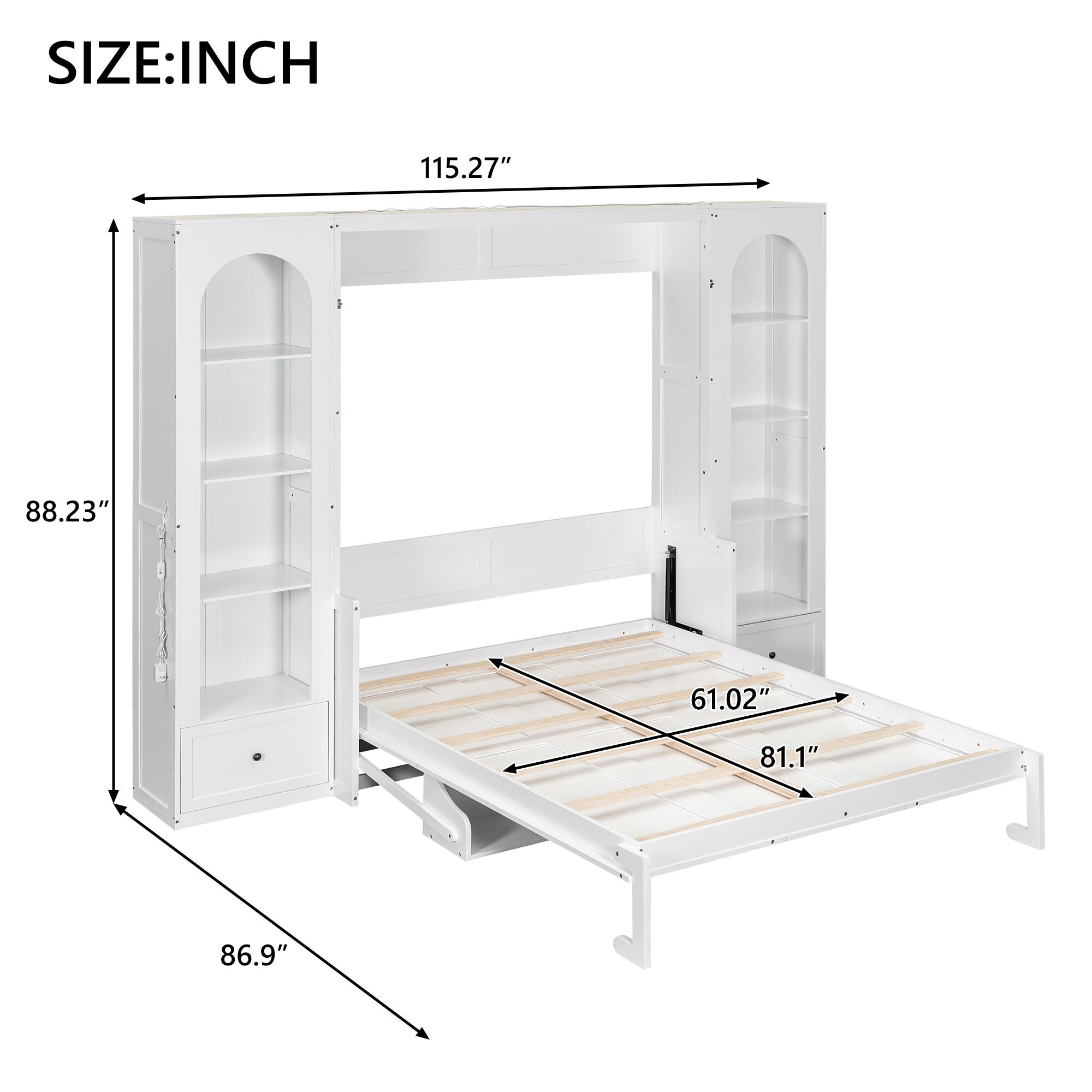 French Style Murphy Platform Bed With Shelf, Side Cabinets, Drawers And LED