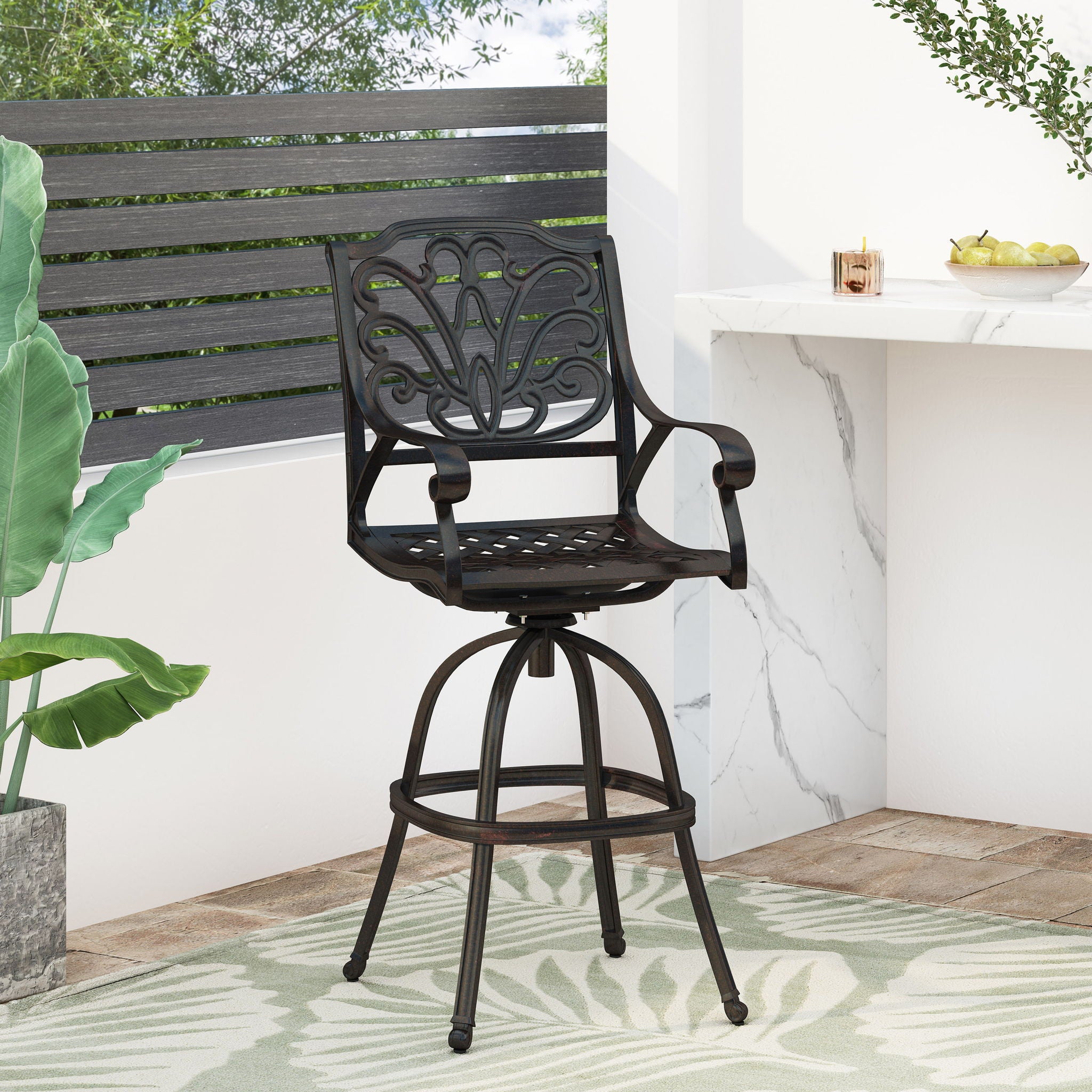 Outdoor Cast Aluminum Swivel Bar Stool With Scrolled Arms - Bronze