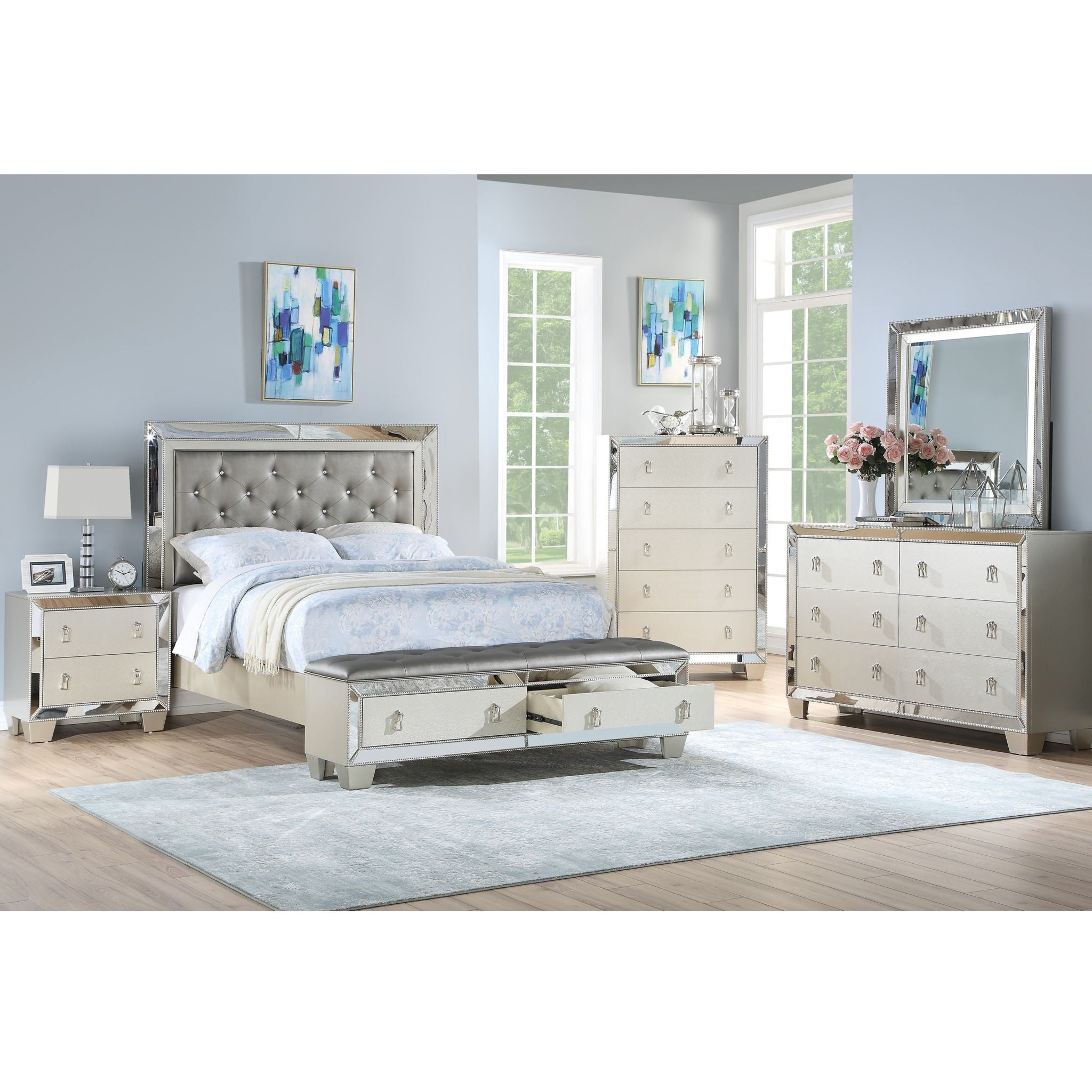Glamorous Tufted Headboard Bed With Mirror Trim