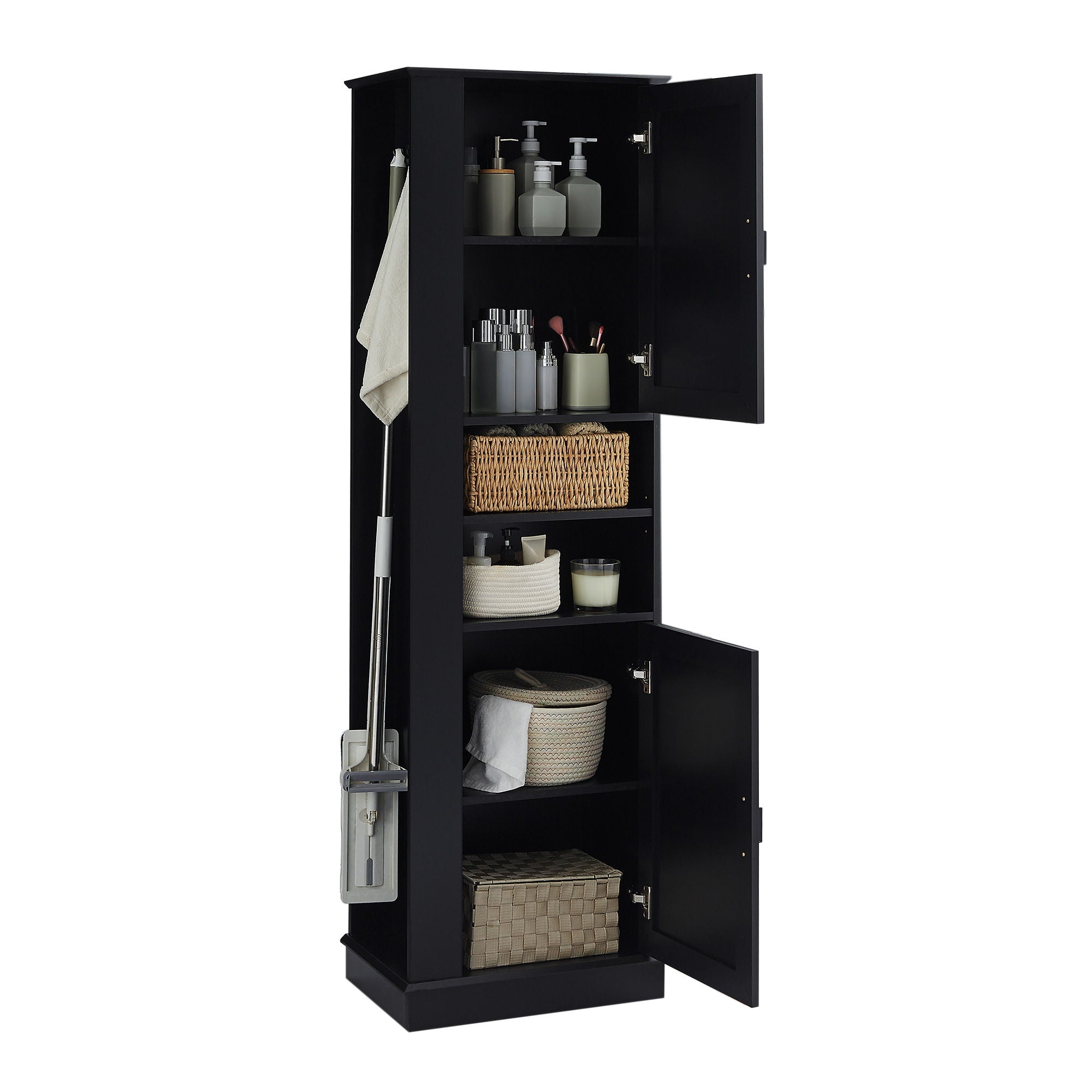 Tall Freestanding Bathroom Storage Cabinet With Adjustable Shelves And Side Hooks Board, Rectangle Design