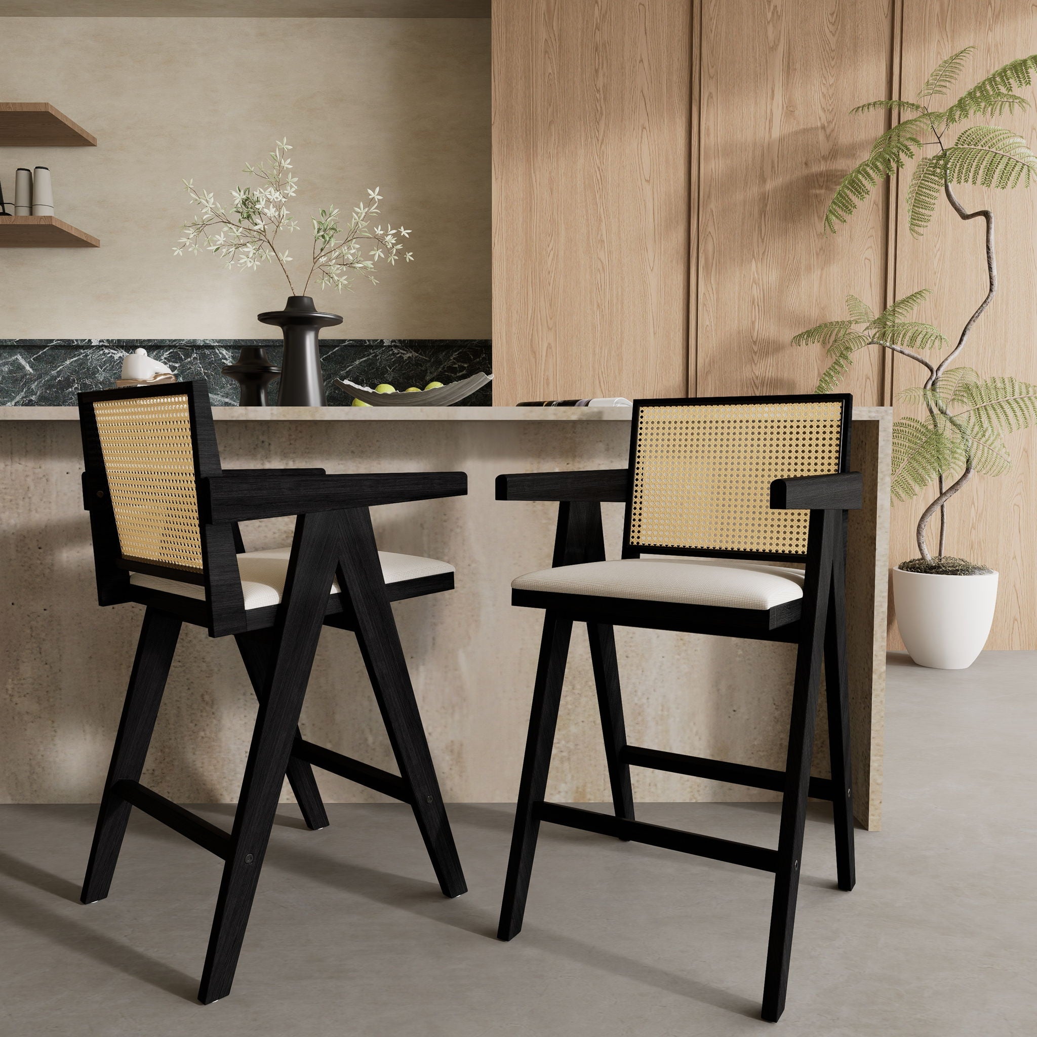 Woven Cane Plastic Backrest Bar Stool Foam Padded Fabric Seat & Durable Rubberwood Frame - Cream Gray