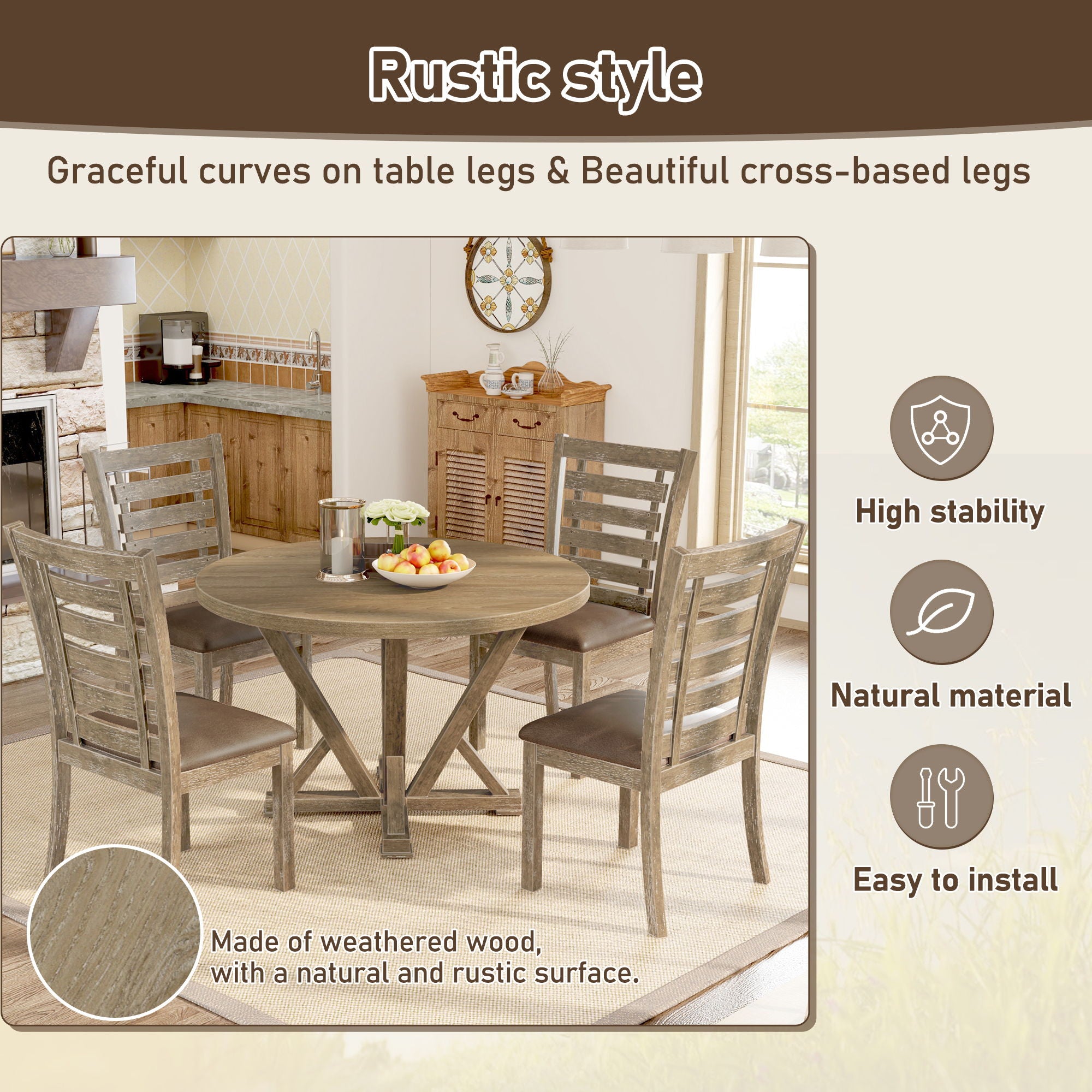 5 Pieces Table Set Round Dining Table Solid Wood Modern Farmhouse Rustic Look Distressed Look - Grayish Brown