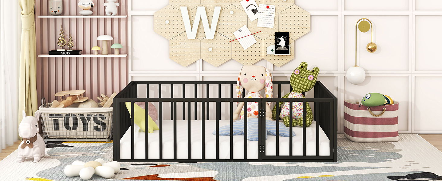Metal Floor Bed Frame With Fence And Door