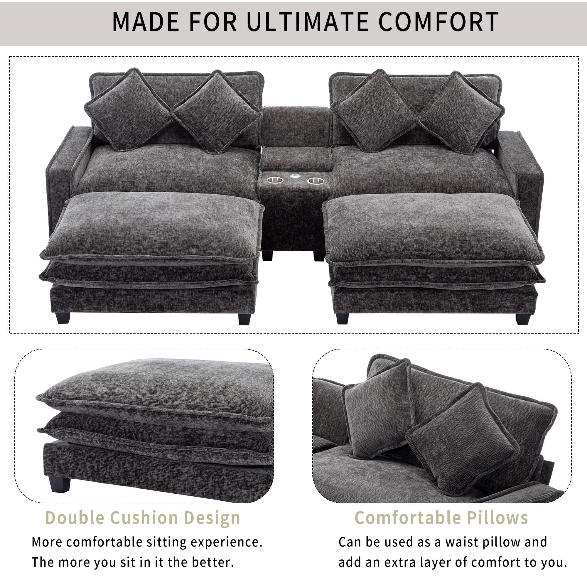 Modern Sectional Sofa With Removable Ottomans, USB Ports