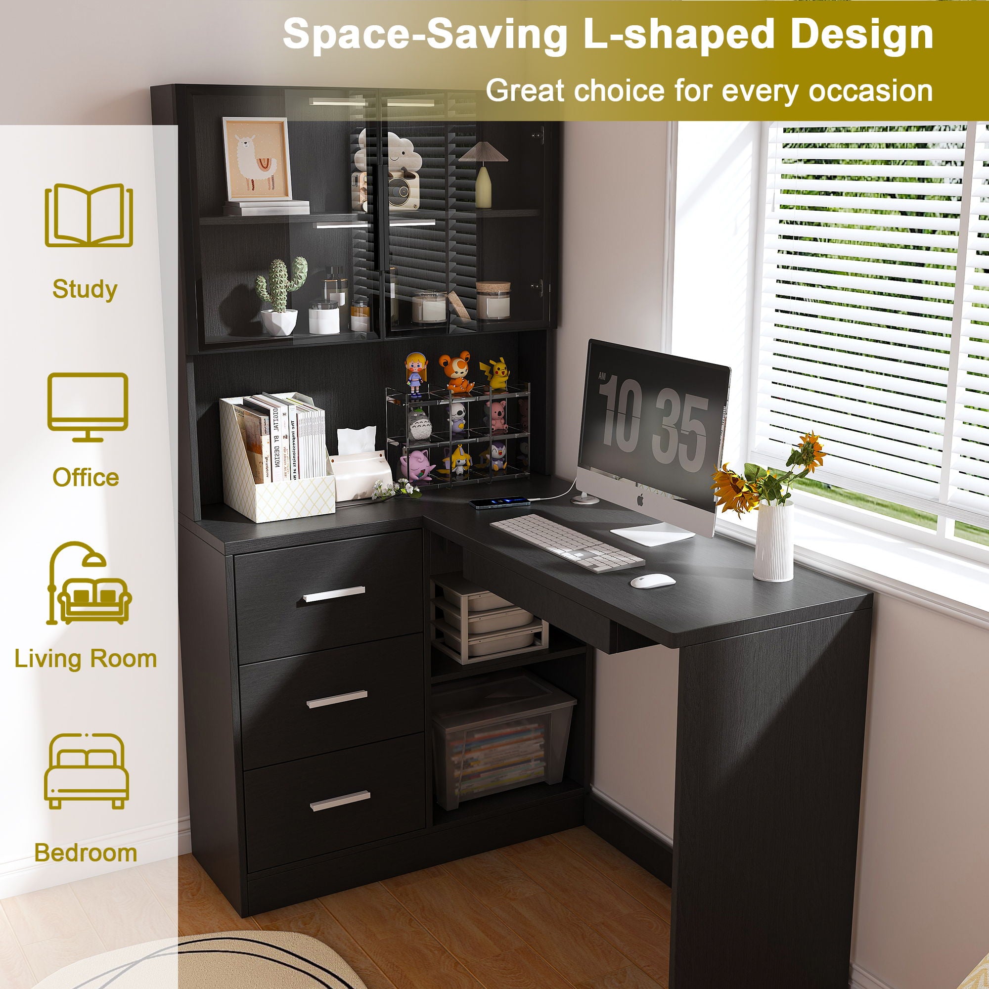 L-Shaped Computer Desk With Glass Cabinets, Built In LED Lights, USB Charging Ports