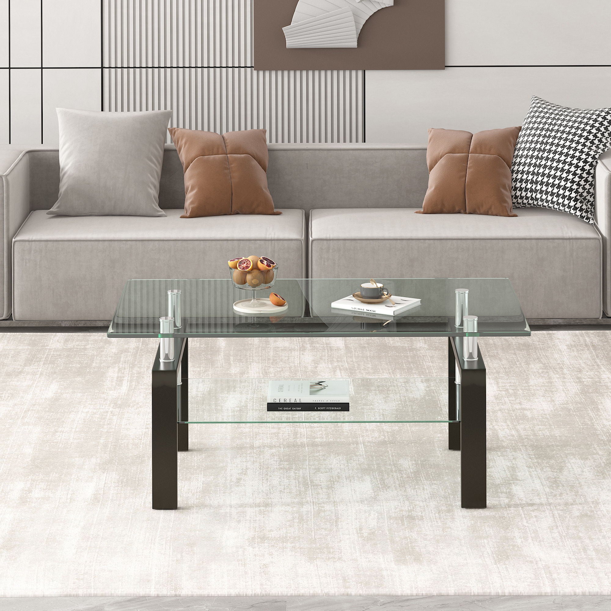 Tempered Clear Glass Coffee Table, 2-Layers Coffee Table Living Room Center Table - Black