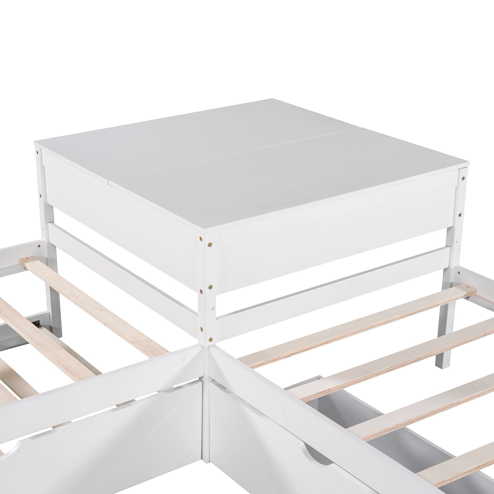 L Shaped Platform Bed With Trundle And Drawers Linked With Built In Desk
