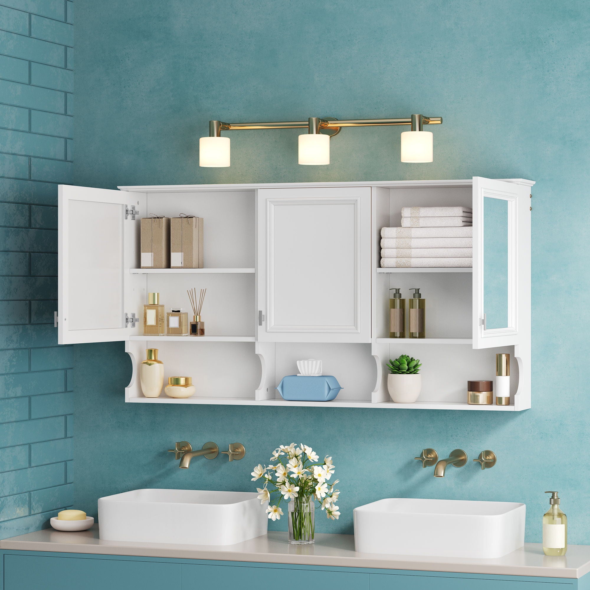 Wall-Mounted Mirror Medicine Cabinet With Adjustable Shelf And Open Shelves, Bathroom Storage Cabinet Over Toilet - White