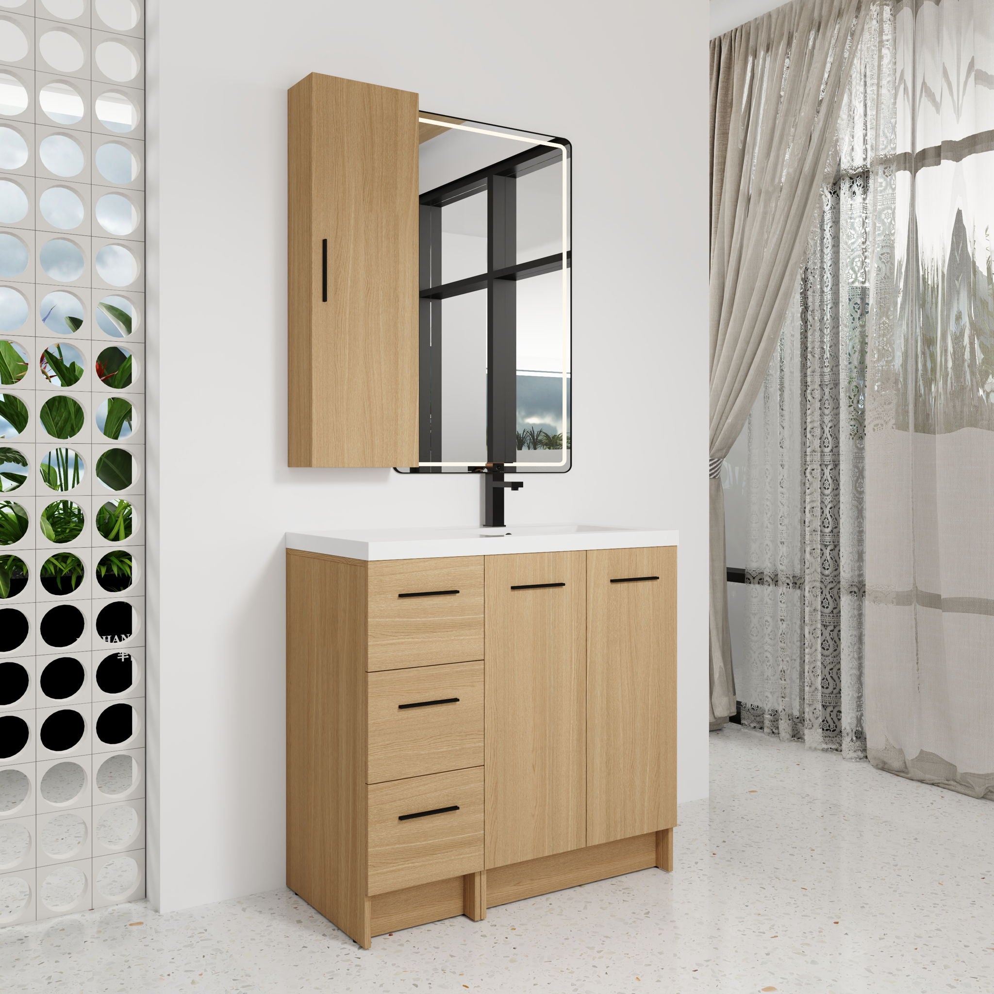 Freestanding Bathroom Vanity Set With Tall Linen Cabinet, 3 Drawers And Large Storage, Single Sink